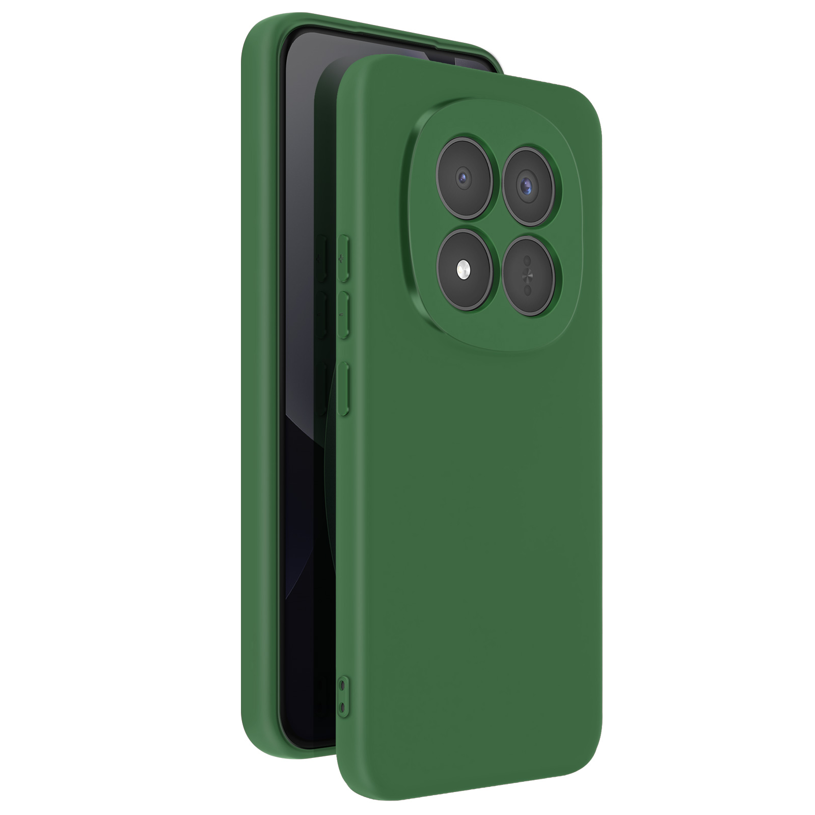 Custodia verde per telefono con quattro fotocamere posteriori, su sfondo bianco.
