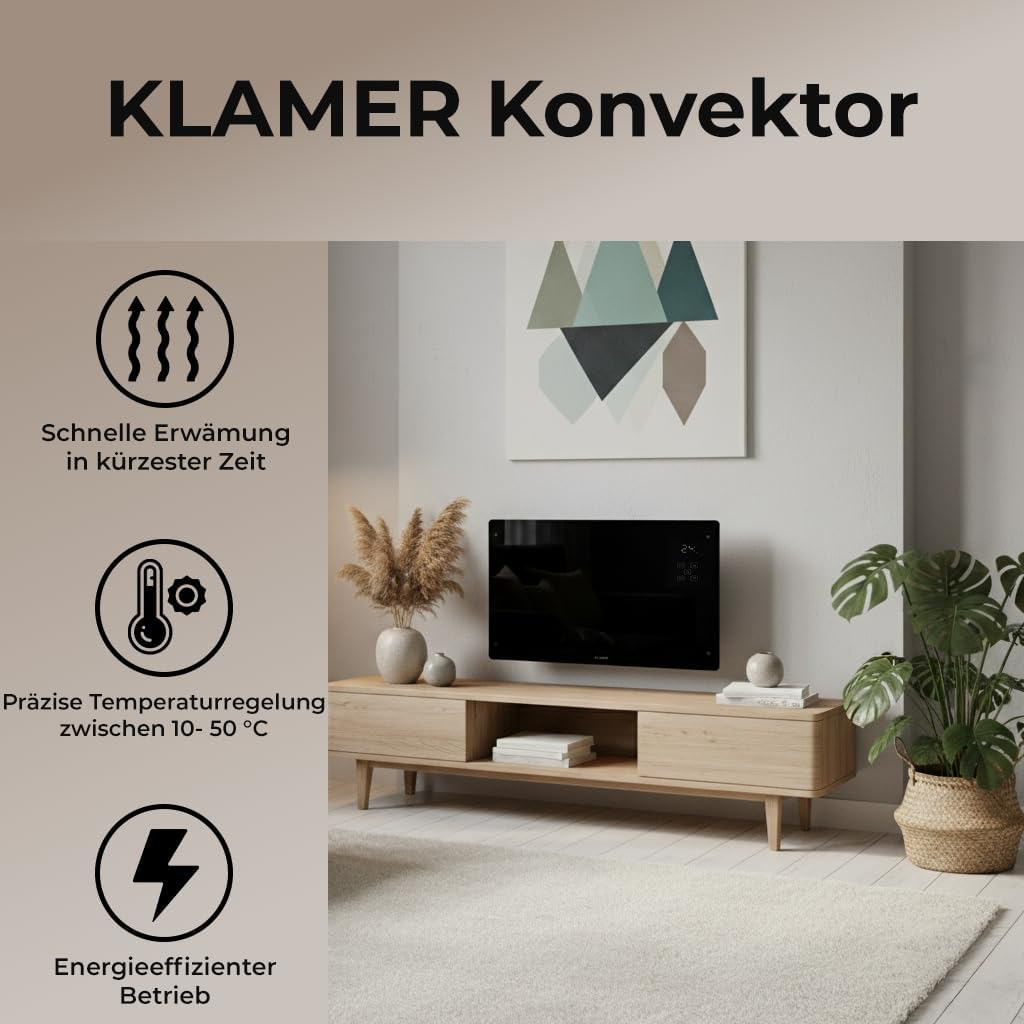 Ein KLAMER Konvektor mit drei Symbolen und Text auf der linken Seite.