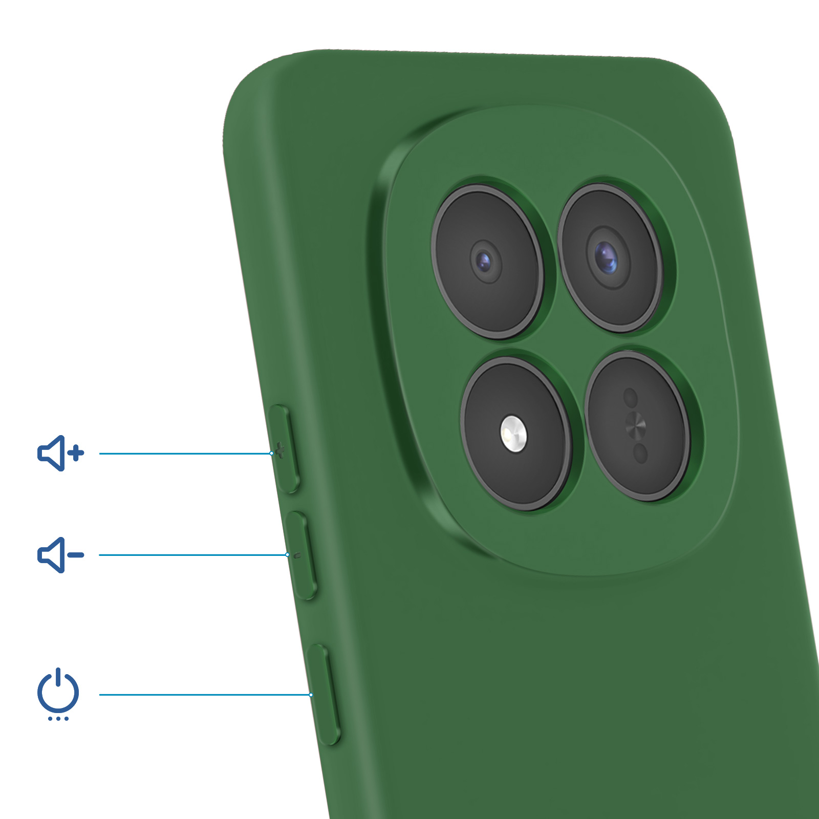 Custodia verde per telefono con quattro fotocamere e tasti volume.