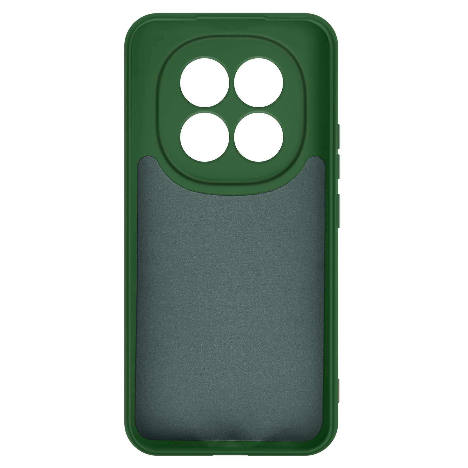 Custodia verde scuro con quattro fori circolari per fotocamera in alto e area opaca sotto.