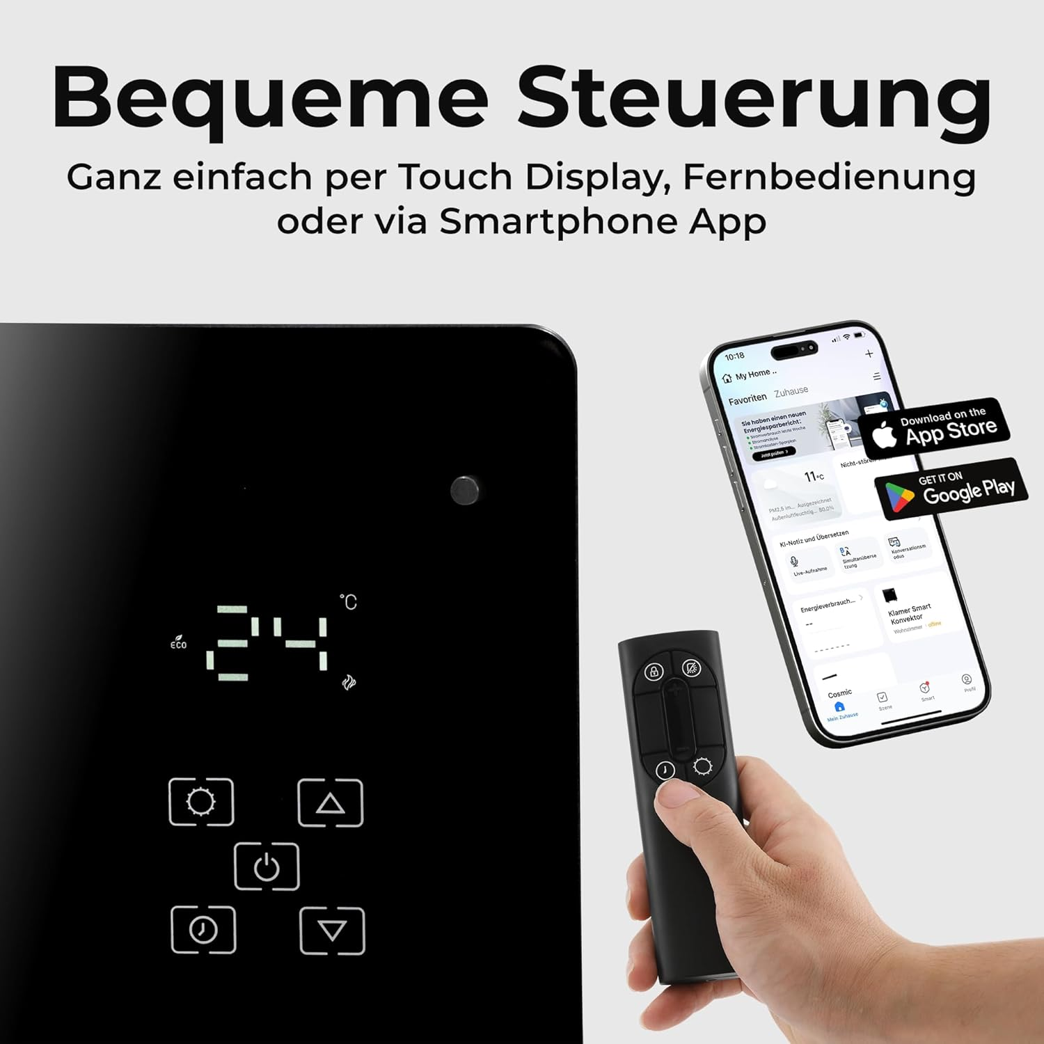 Ein schwarzes Bedienfeld mit Temperaturanzeige, Tasten, Fernbedienung und Smartphone.