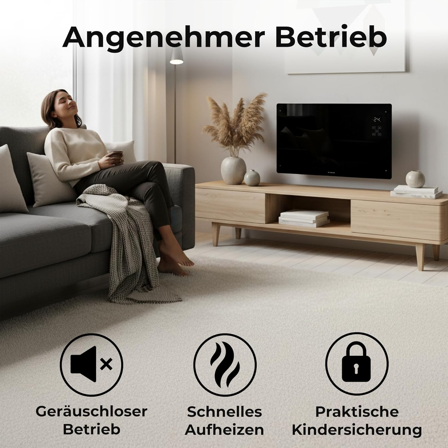 Frau entspannt auf Sofa, Heizung zeigt 24 Grad. Icons: Lautlos, Aufheizen, Kindersicherung.