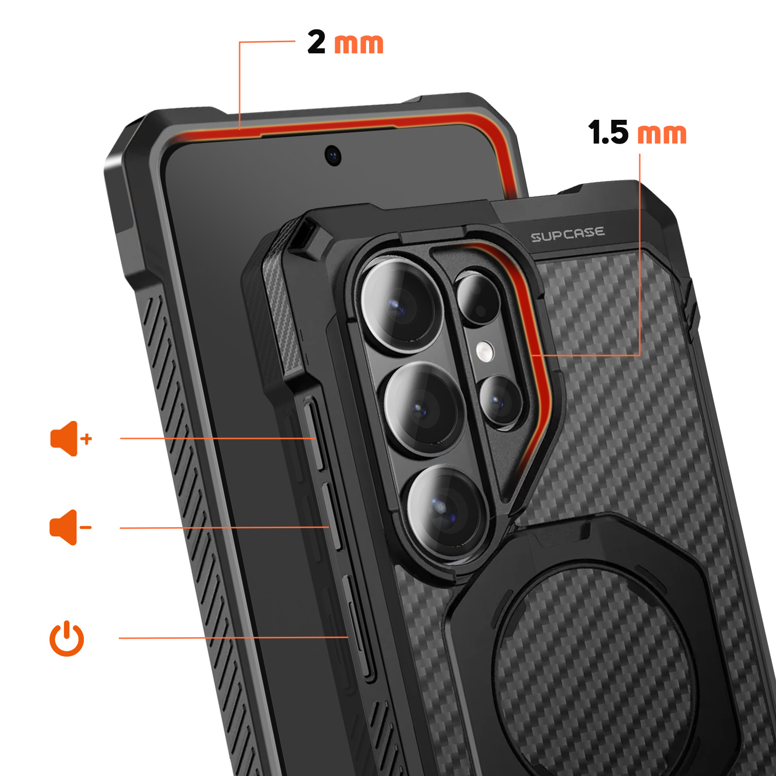 Custodia nera per telefono con ritaglio fotocamera, tasti volume e icona di accensione.