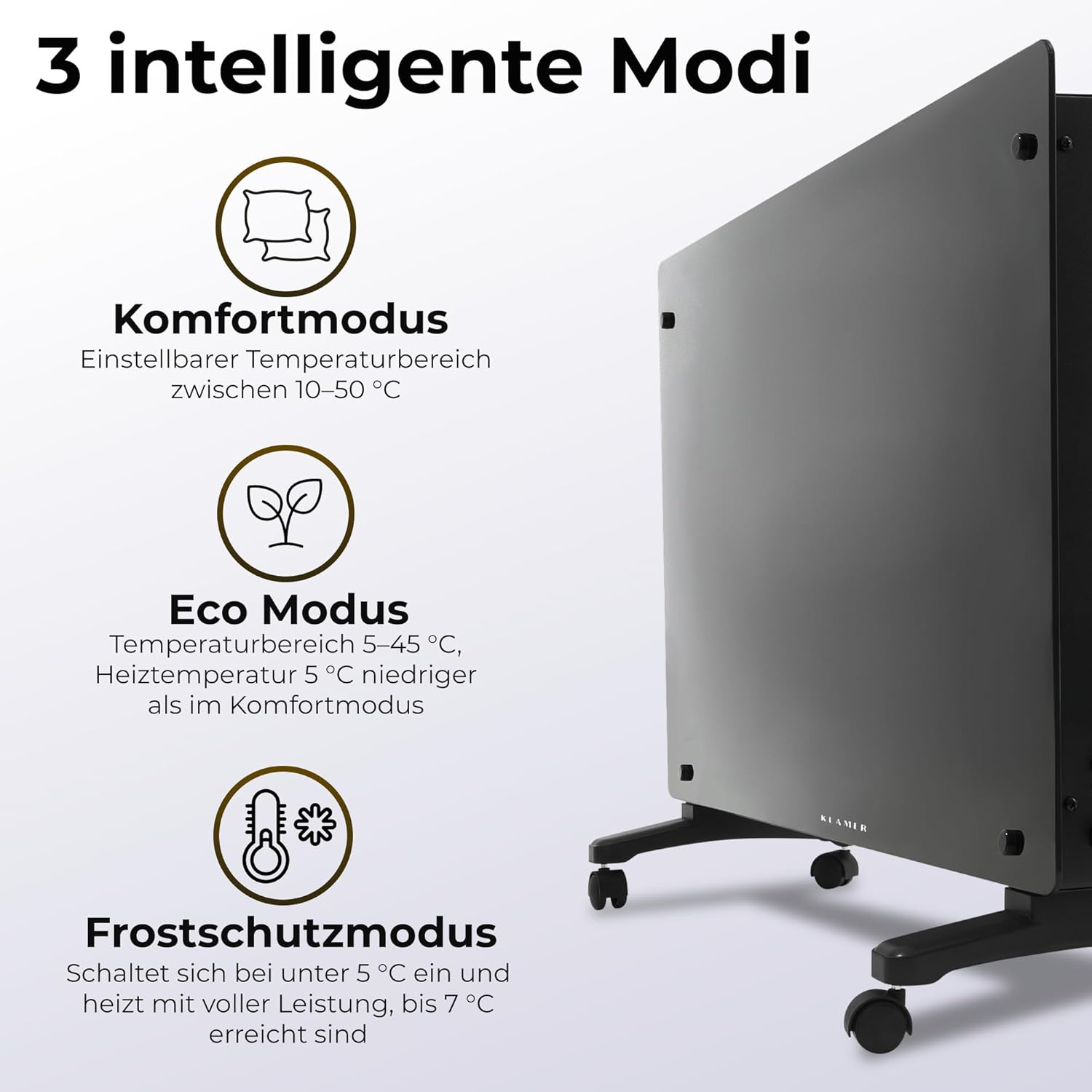 Ein schwarzer Heizkörper mit drei intelligenten Modi: Komfort-, Eco- und Frostschutzmodus.