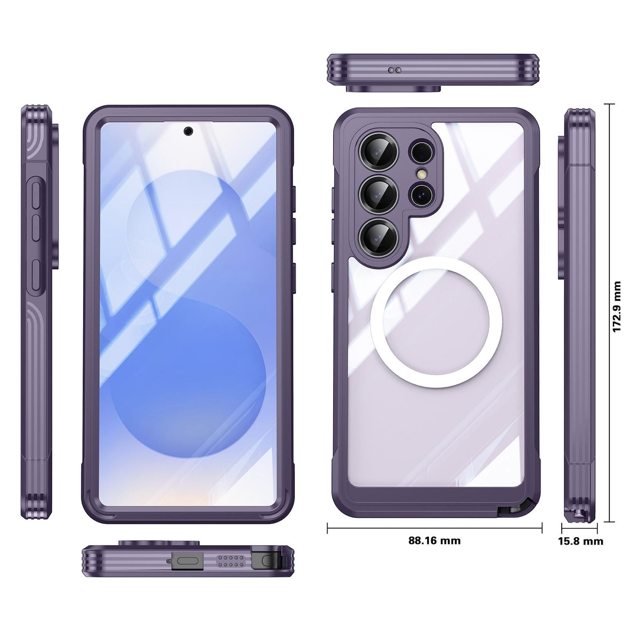 Funda morada para teléfono con recorte de cámara y anillo. Dimensiones 88.16x172.9x15.8mm.