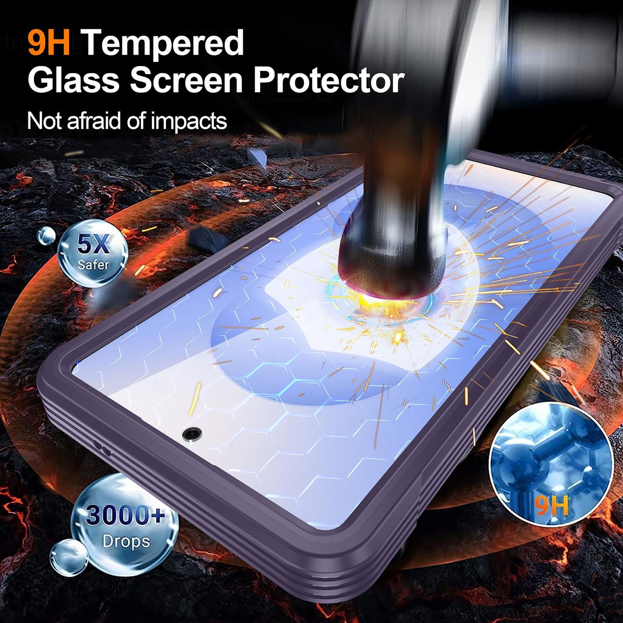Un martillo golpea un protector de pantalla de vidrio templado en un teléfono.