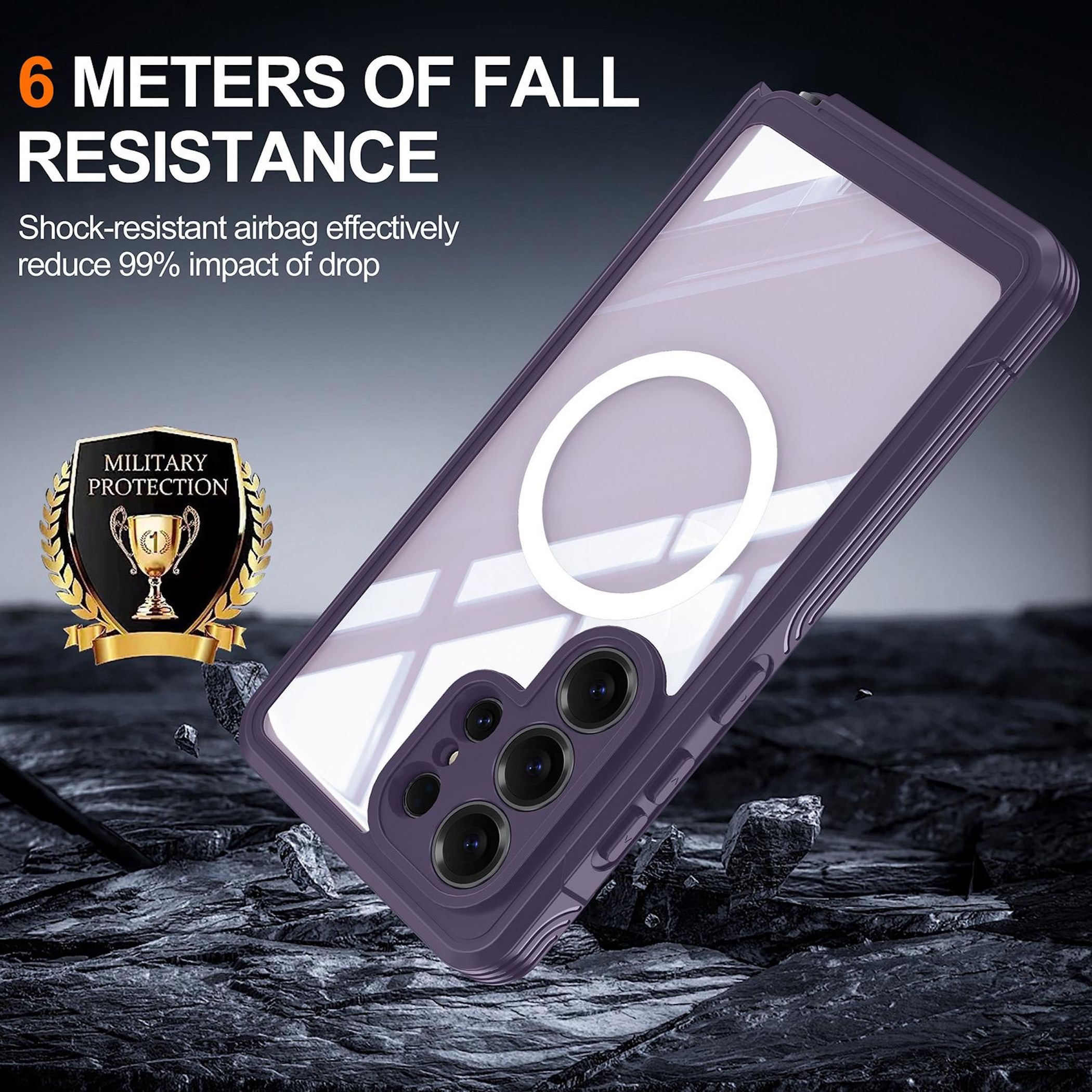 Funda morada para teléfono con cámaras y texto "6 METROS DE CAÍDA".