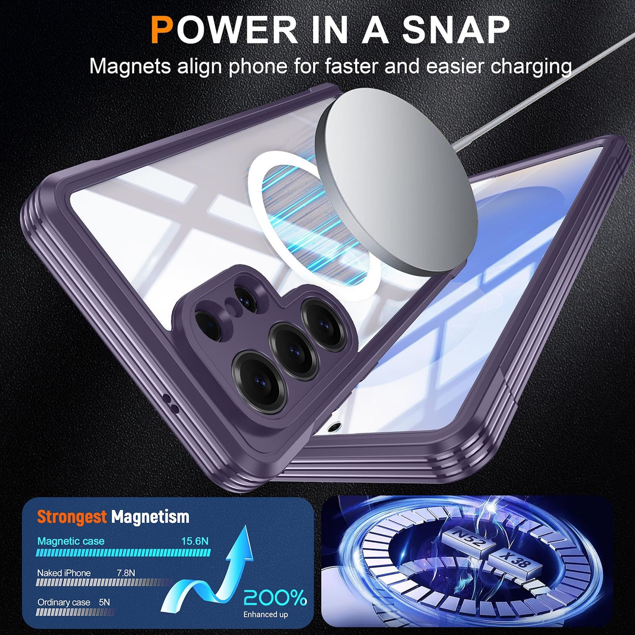 Funda de teléfono morada con carga magnética y fuerte magnetismo.