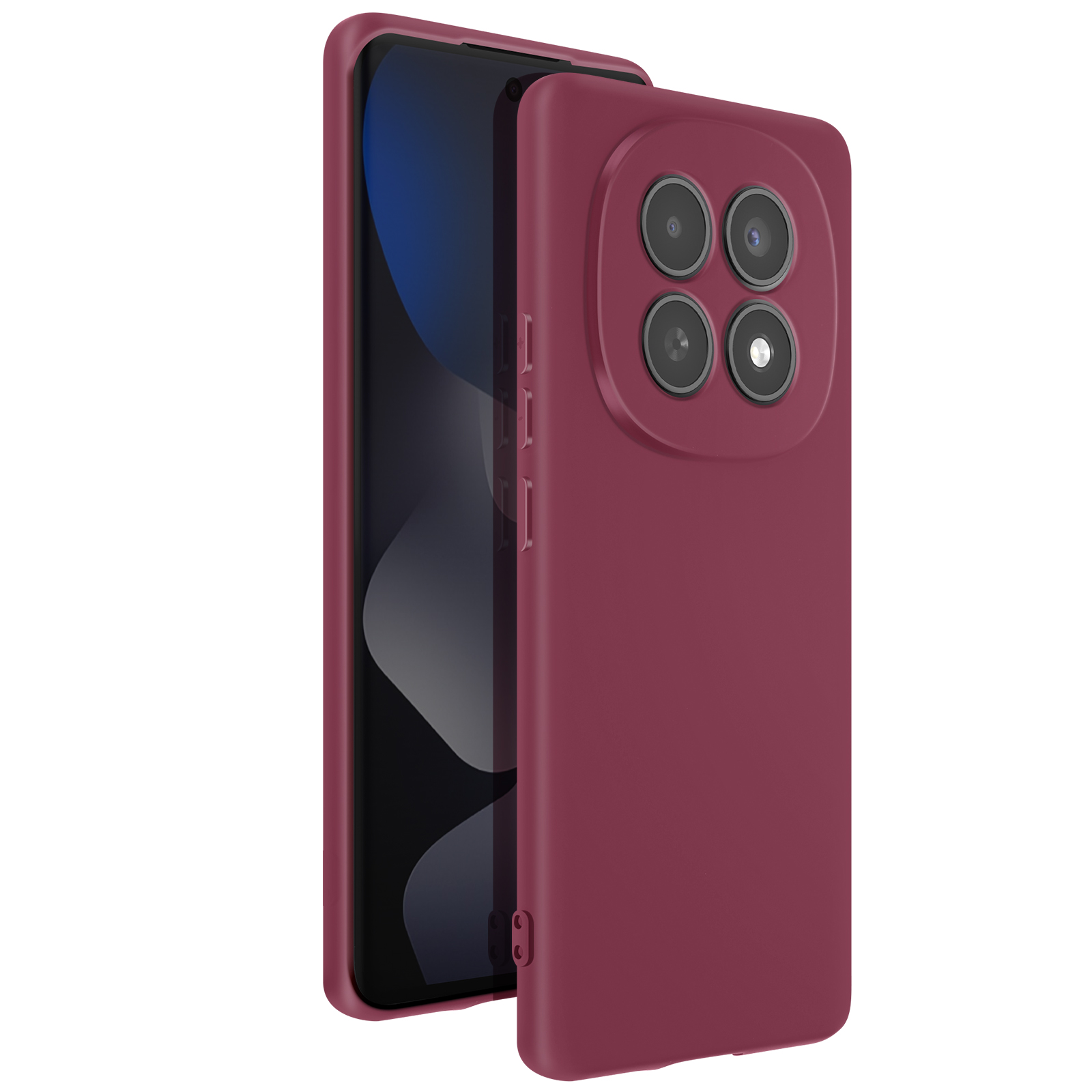 Uno smartphone color bordeaux con quattro fotocamere sul retro.