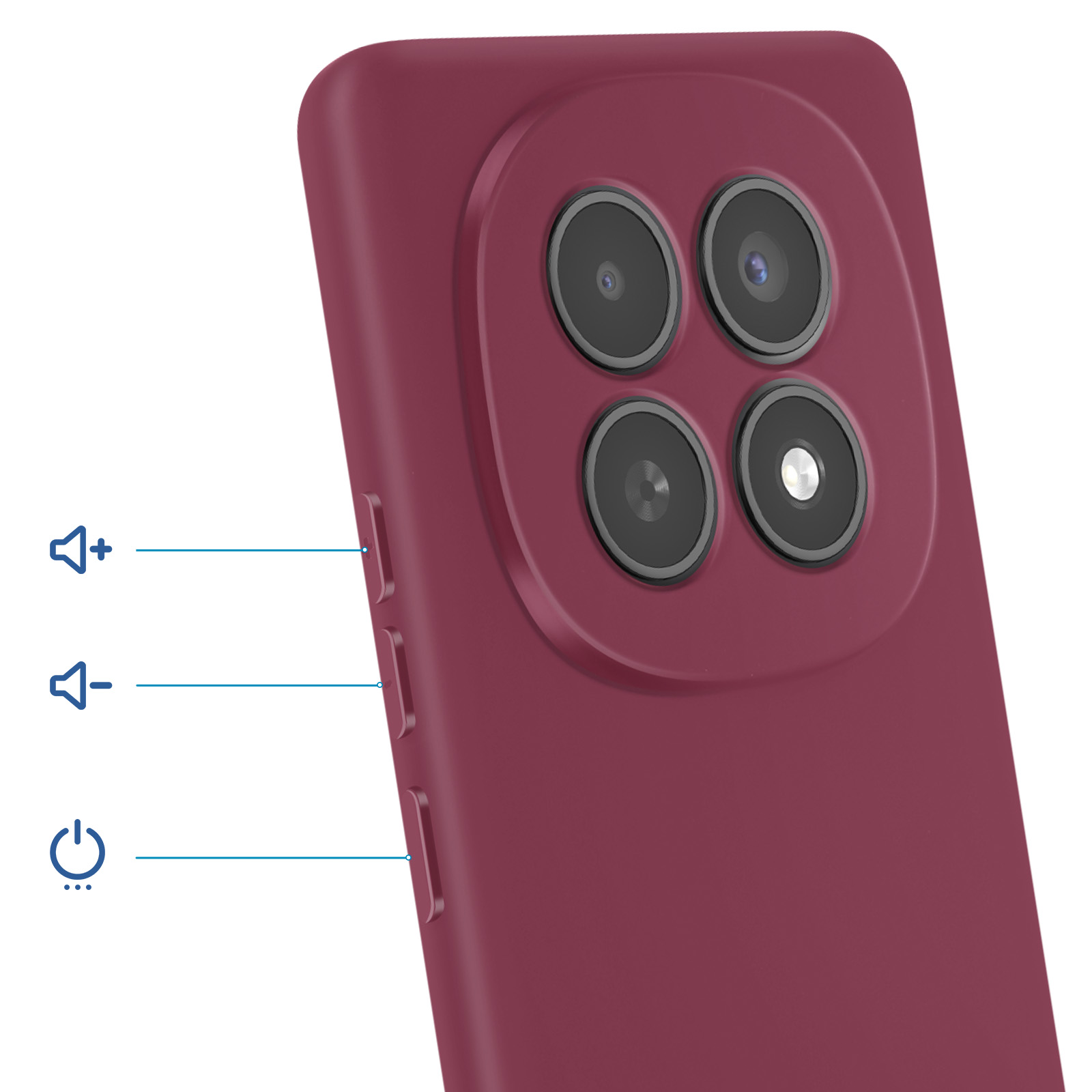 Retro di uno smartphone rosso scuro con quattro fotocamere e pulsanti volume.