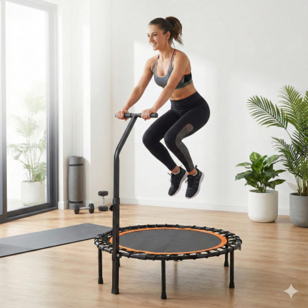 Frau springt auf einem Mini-Trampolin in einem hellen Raum mit Pflanzen.