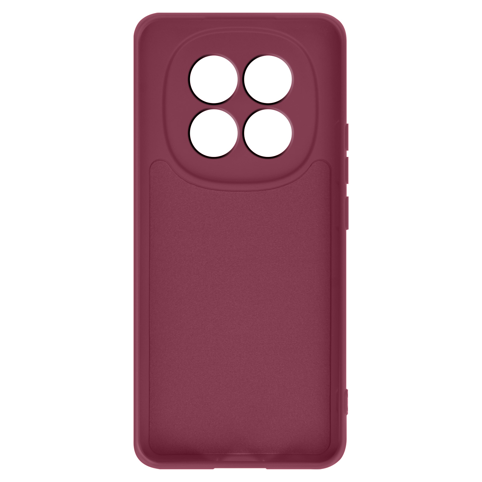 Custodia rossa scura per telefono con quattro ritagli rotondi per la fotocamera.