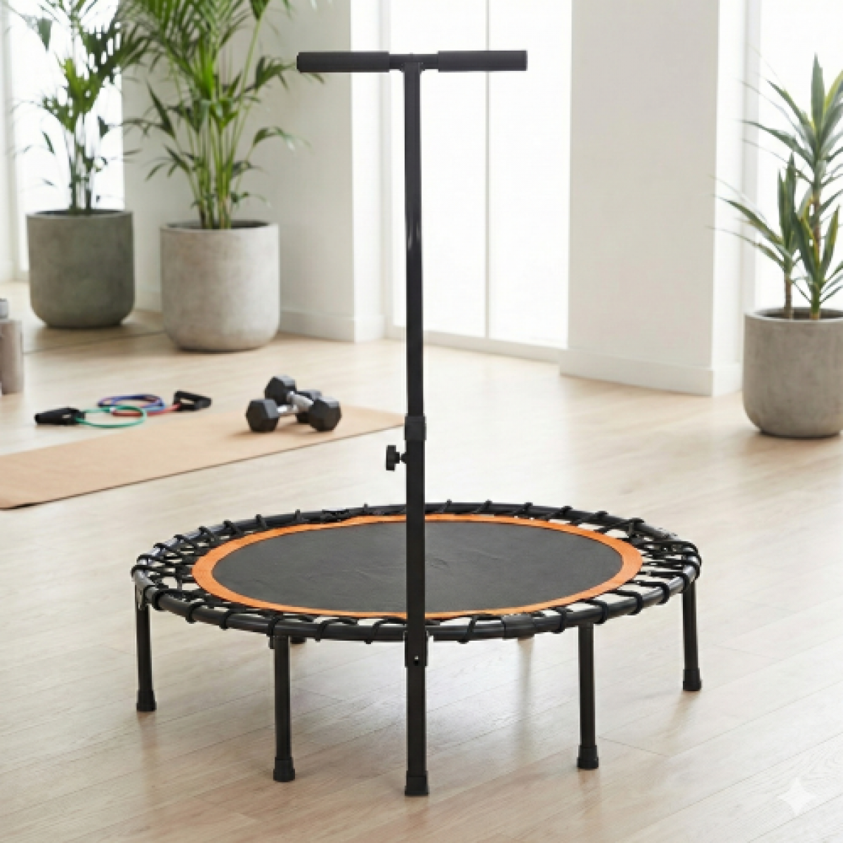 Ein schwarzer Mini-Trampolin mit Haltegriff, Hanteln und Widerstandsbändern.