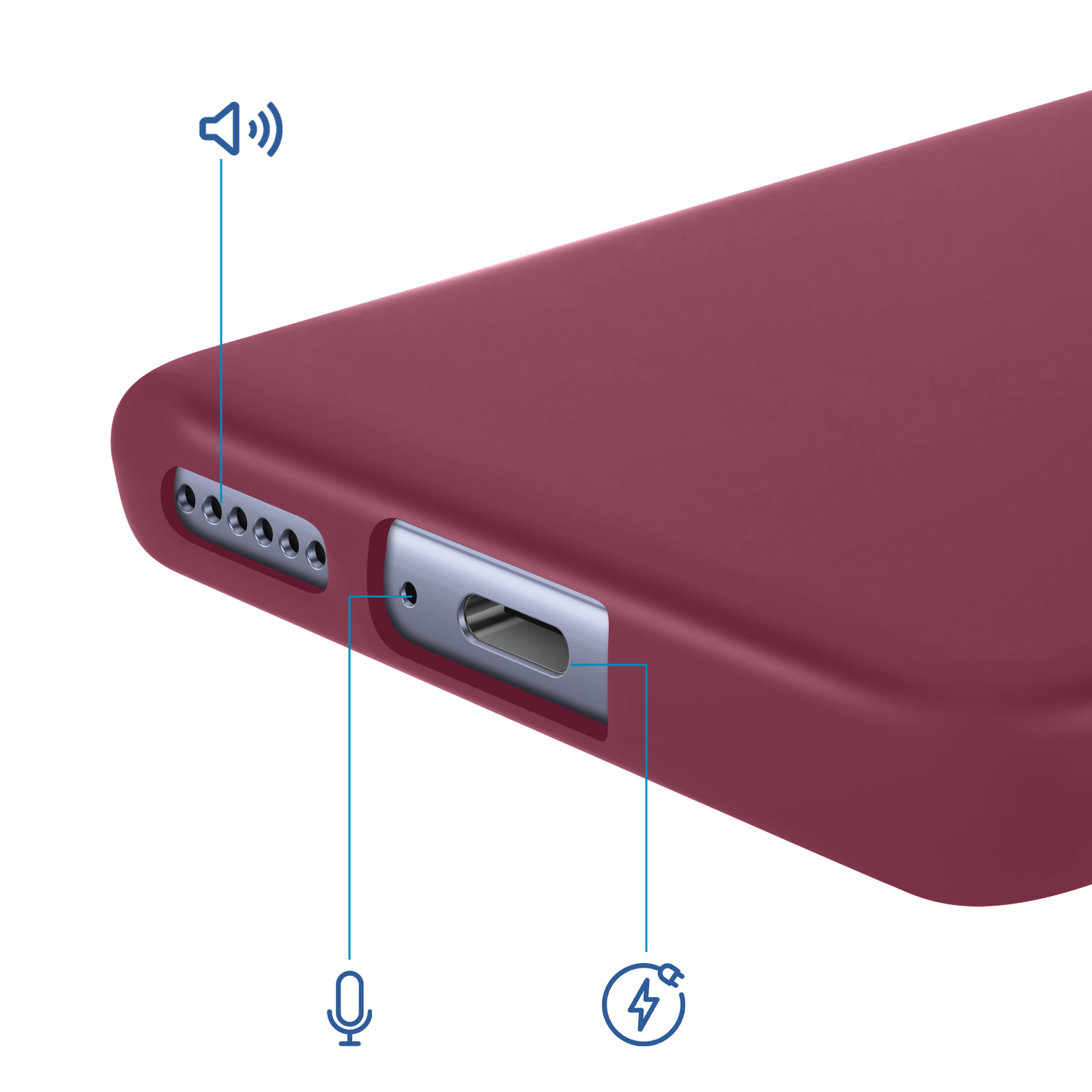 Custodia rossa con porta di ricarica, microfono e icone altoparlante.