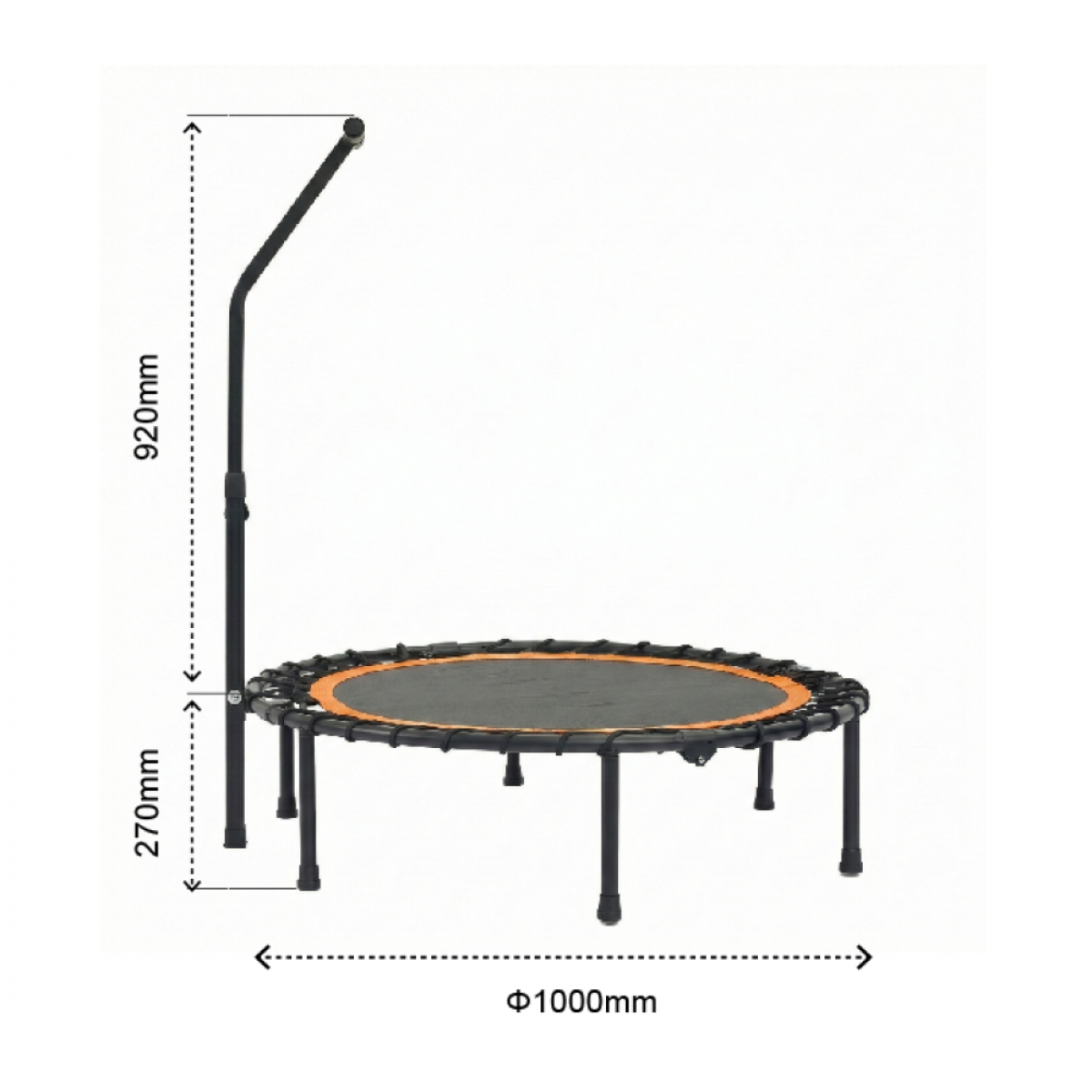 Ein schwarzes Trampolin mit orangem Rand und Stange. Maße sind angegeben.