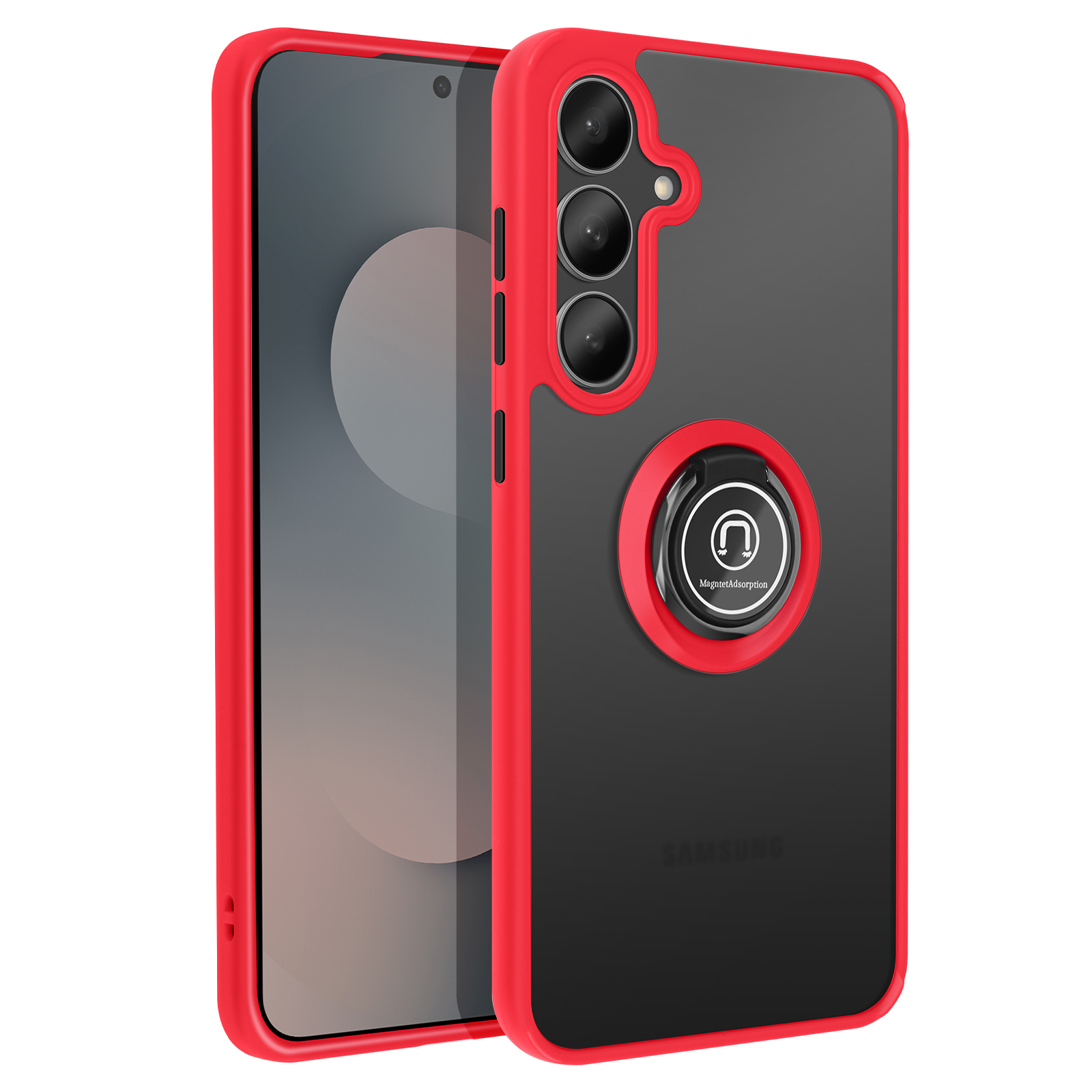 Una cover rossa per telefono con anello e tre fotocamere posteriori.