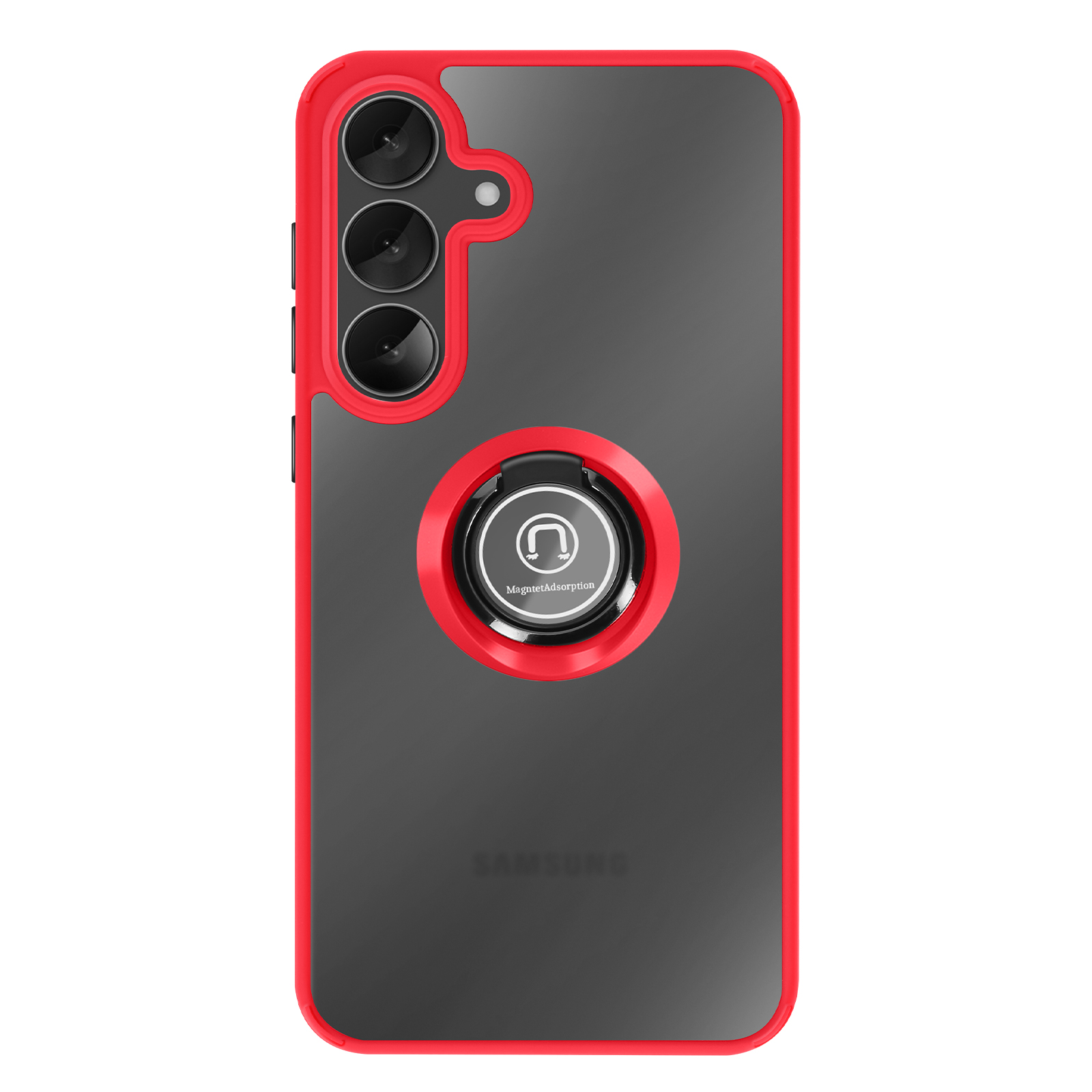 Custodia nera per telefono con bordo rosso, fotocamera e anello.