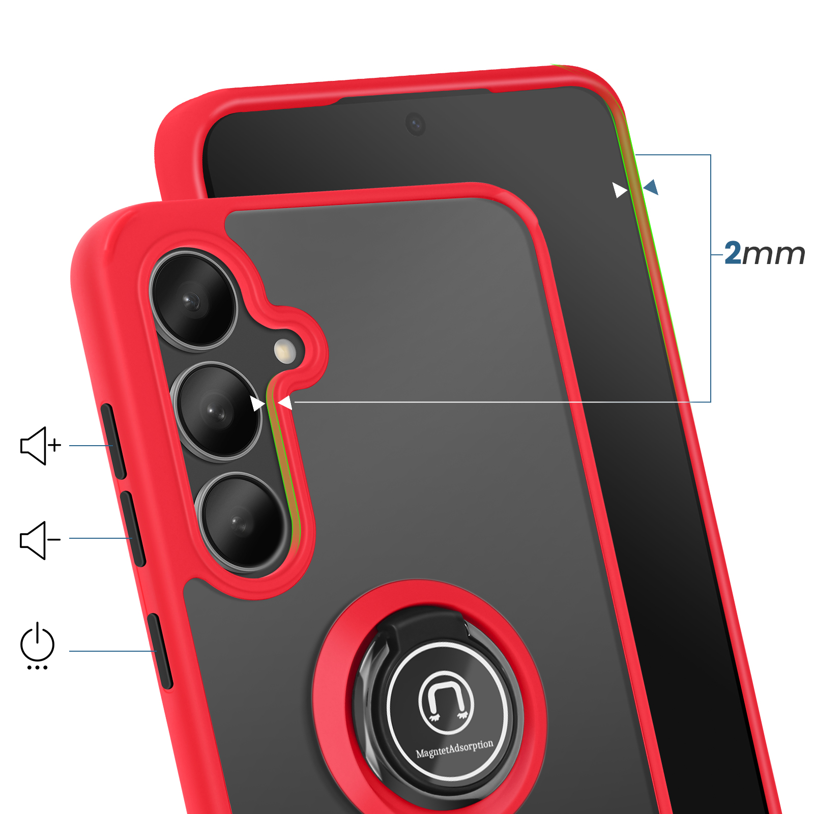 Custodia rossa per telefono con retro trasparente, fotocamera, impugnatura e bordo da 2mm.