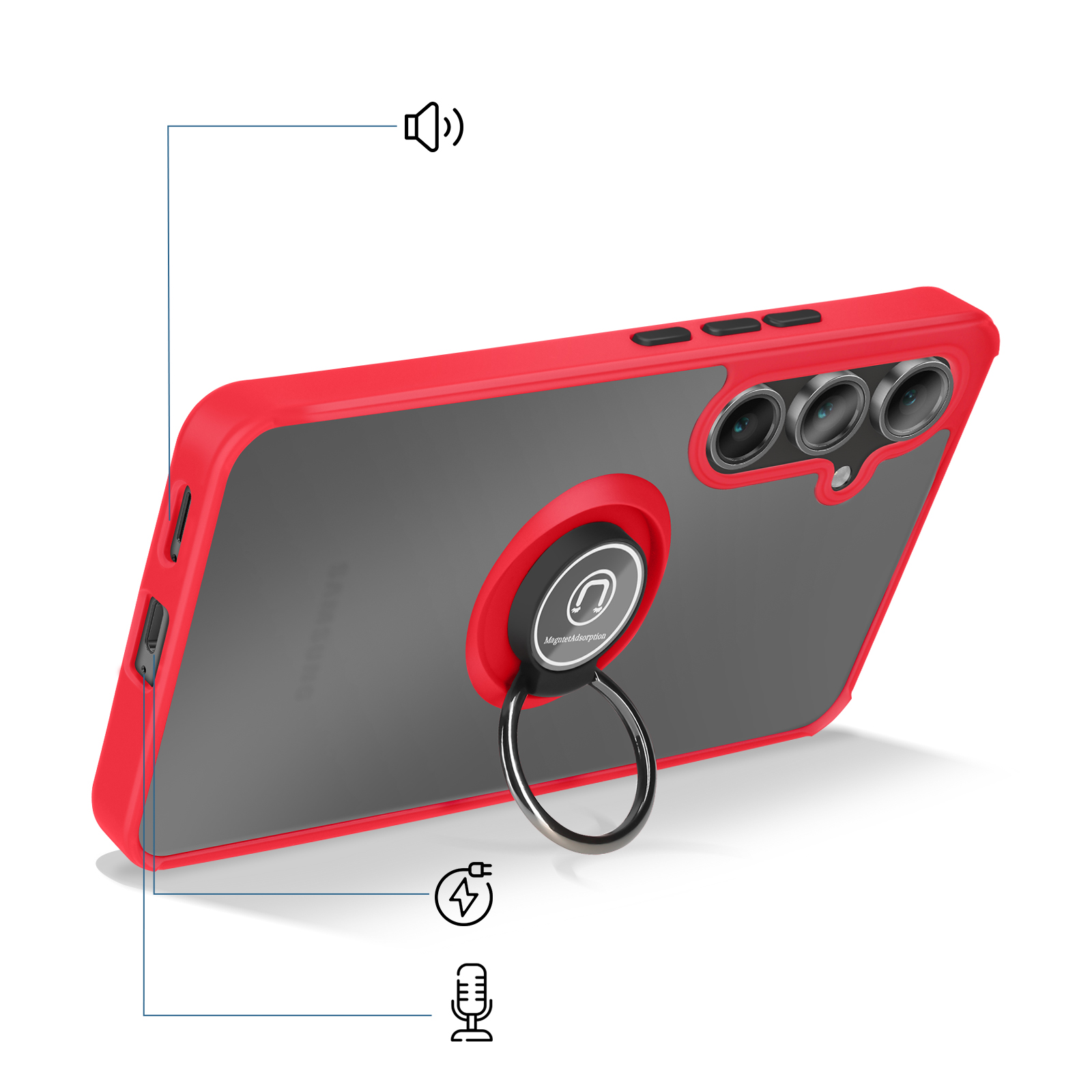 Custodia rossa per telefono con retro trasparente, anello e fotocamere.