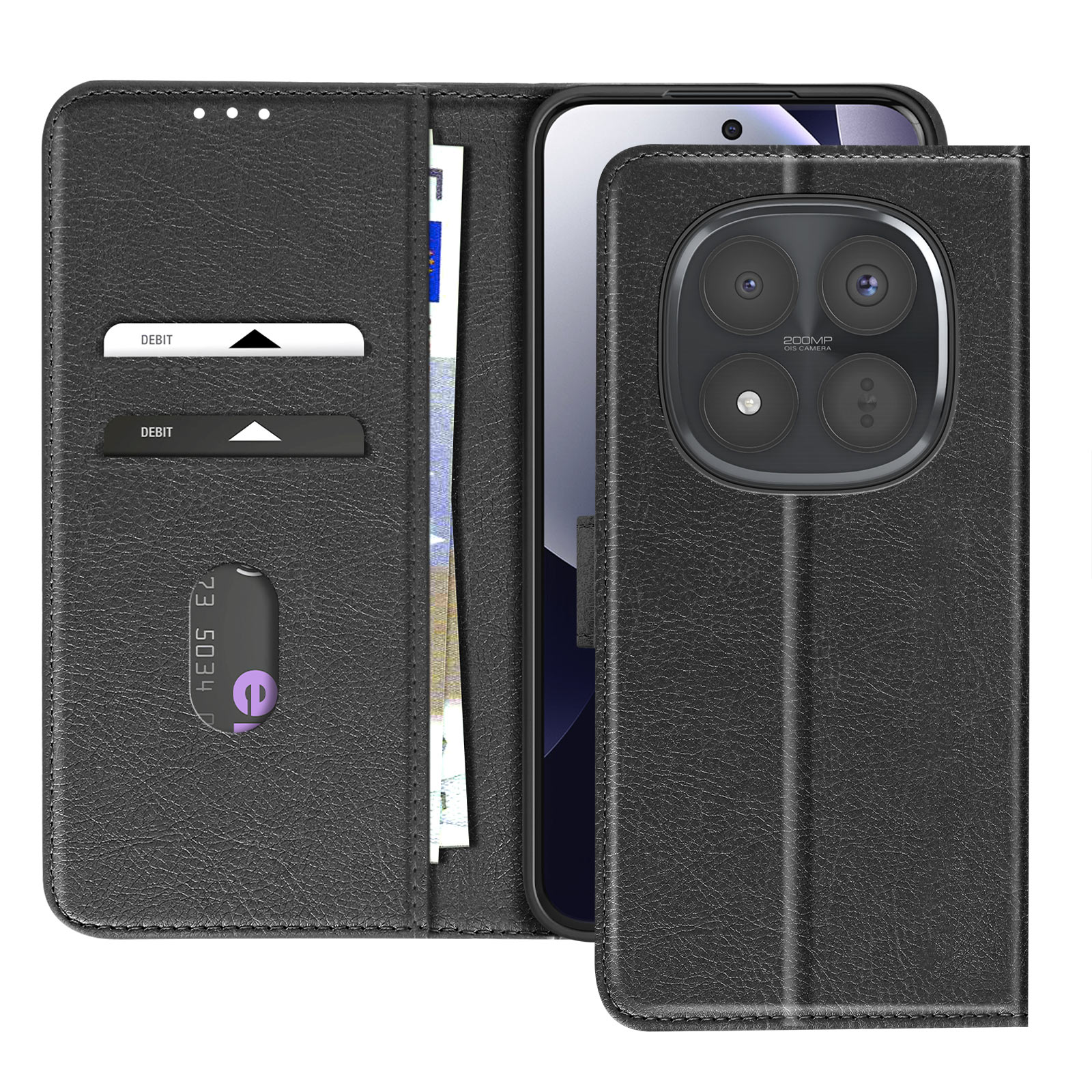 Custodia nera per telefono con fessure per carte, banconote e fotocamera quadrupla.