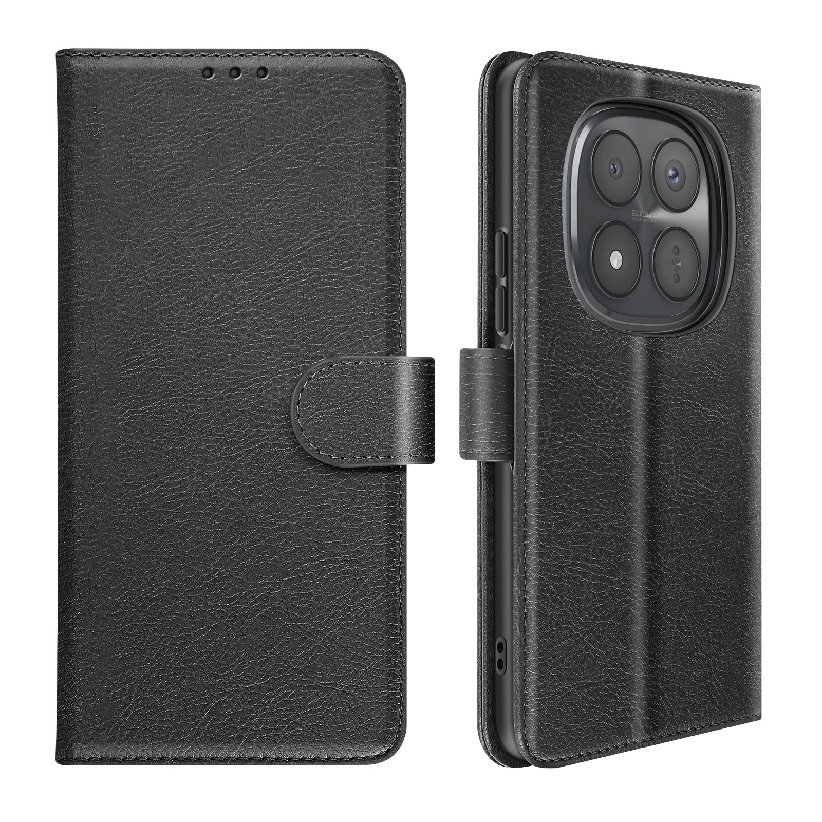 Custodia nera a libro per telefono in pelle con sistema di fotocamere. Chiusa, aperta.