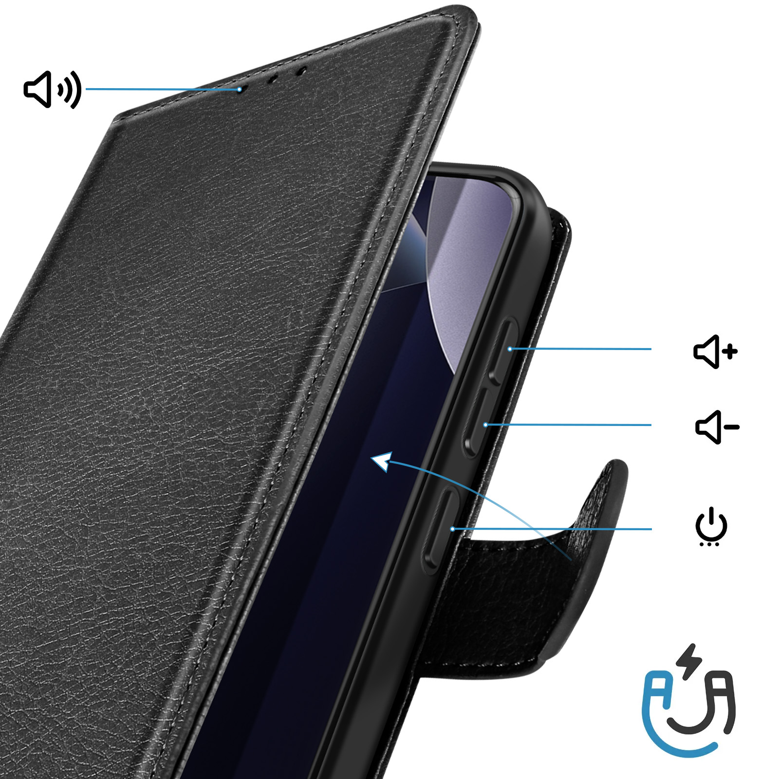 Telefono nero con flip case, volume su/giù, pulsante di accensione, indicatore.