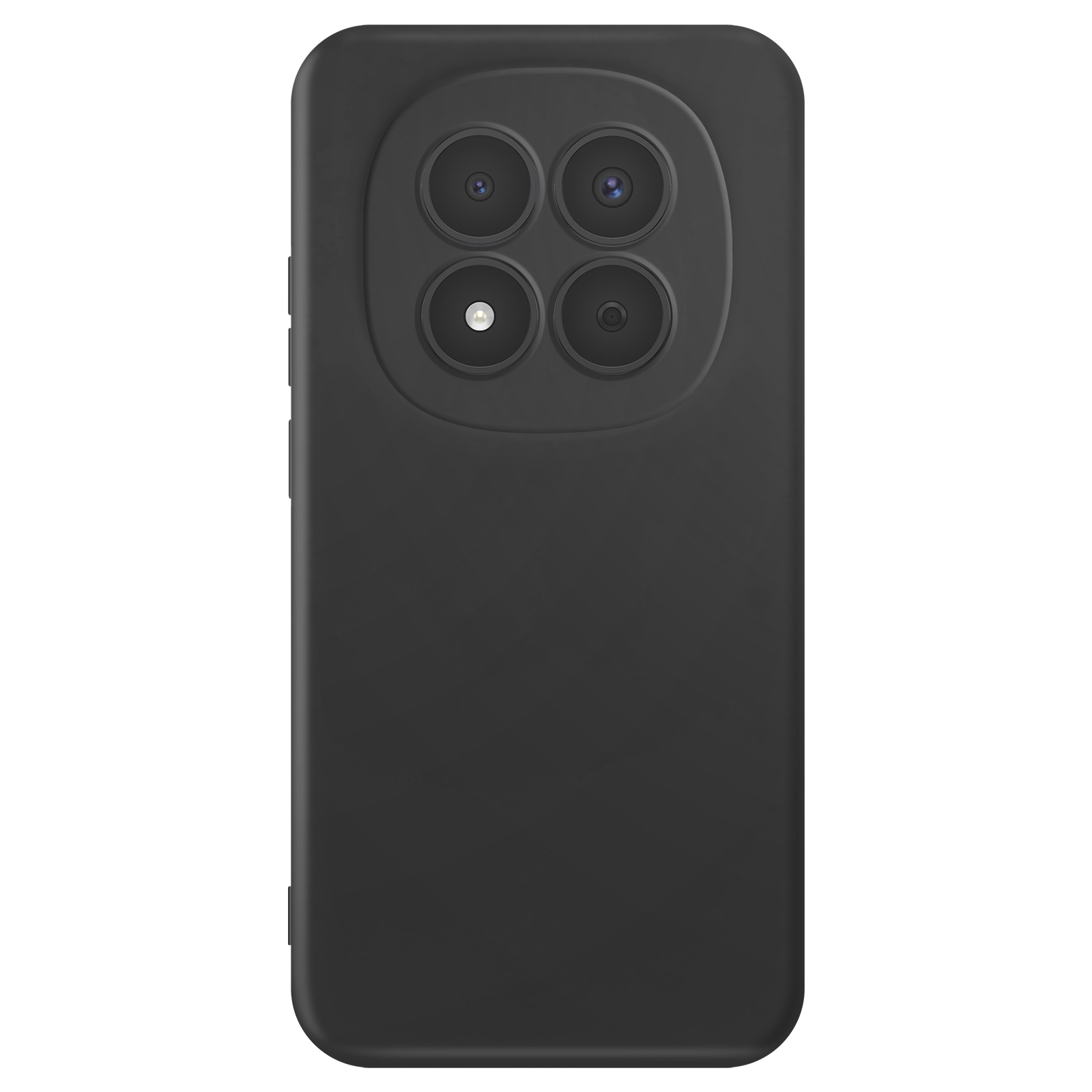 Coque de téléphone noire avec quatre caméras et flash dans un module rectangulaire.