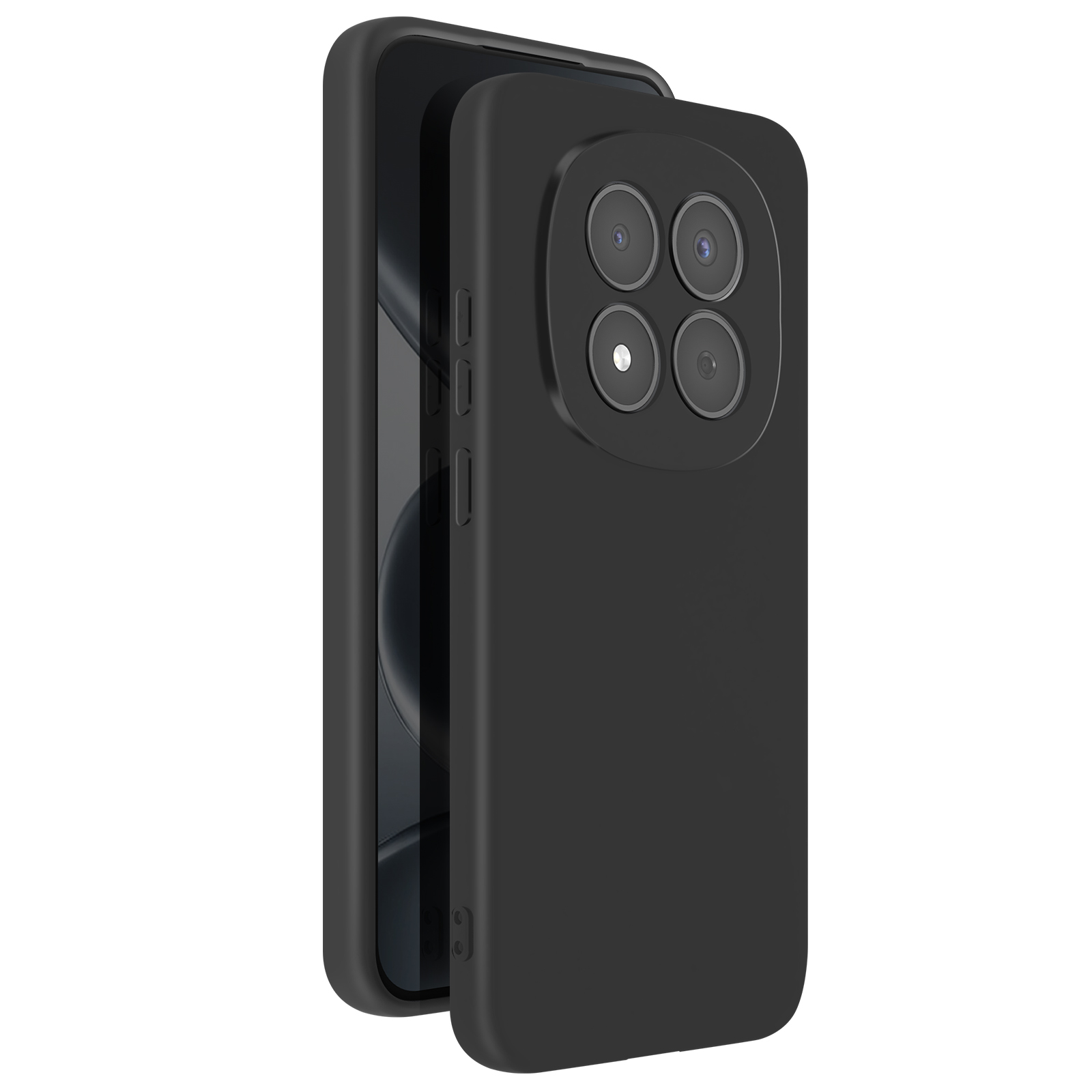 Smartphone noir avec quatre caméras et une coque de protection.