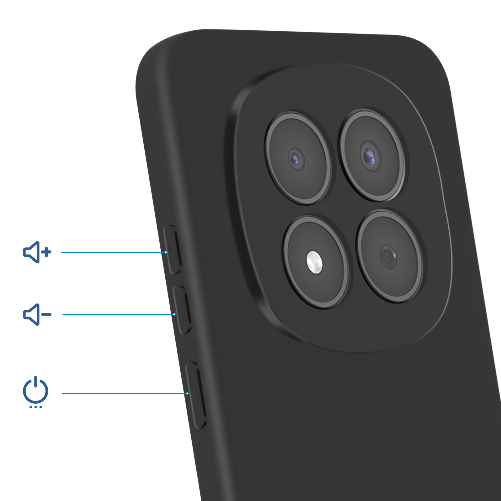 Smartphone noir avec quatre caméras et boutons volume/alimentation.