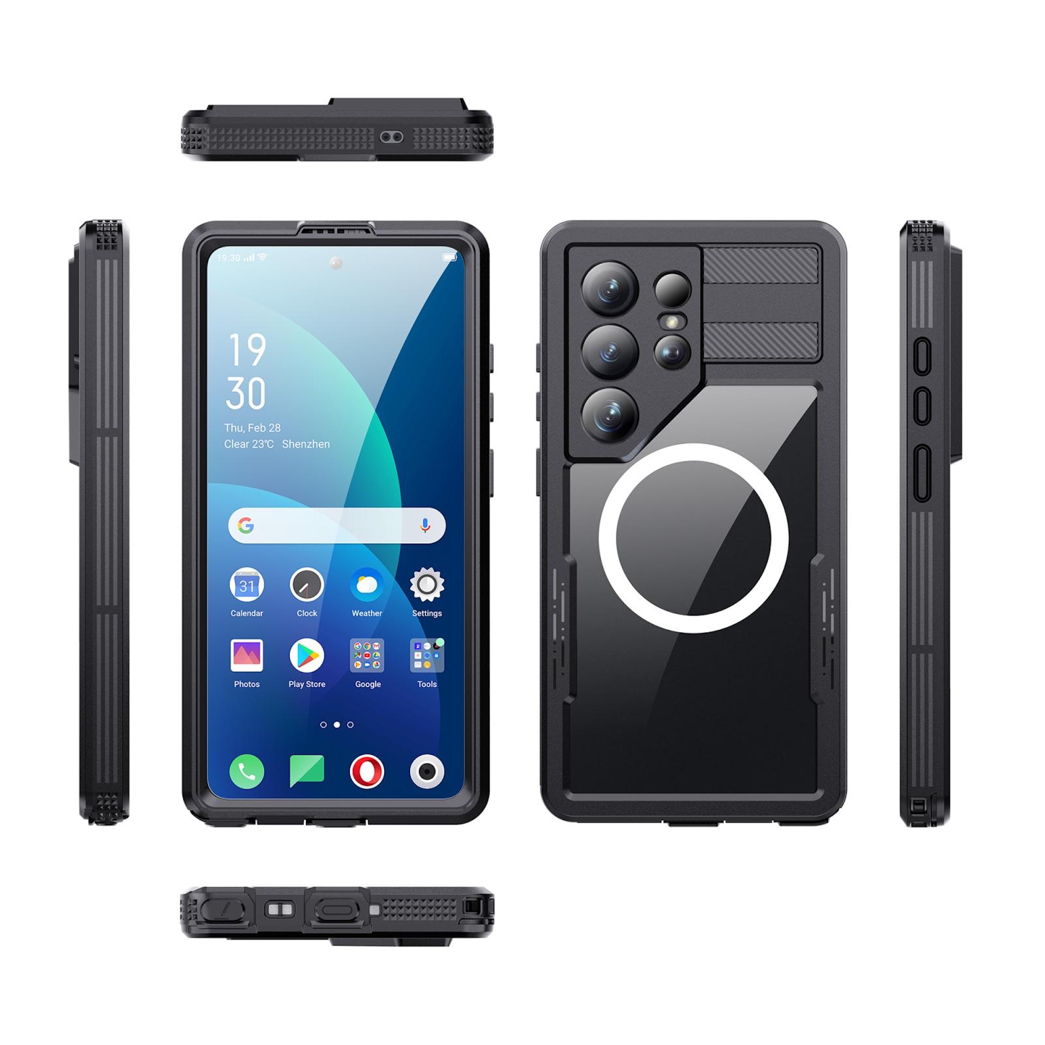 Ein schwarzes Smartphone mit Schutzhülle, von allen Seiten gezeigt.
