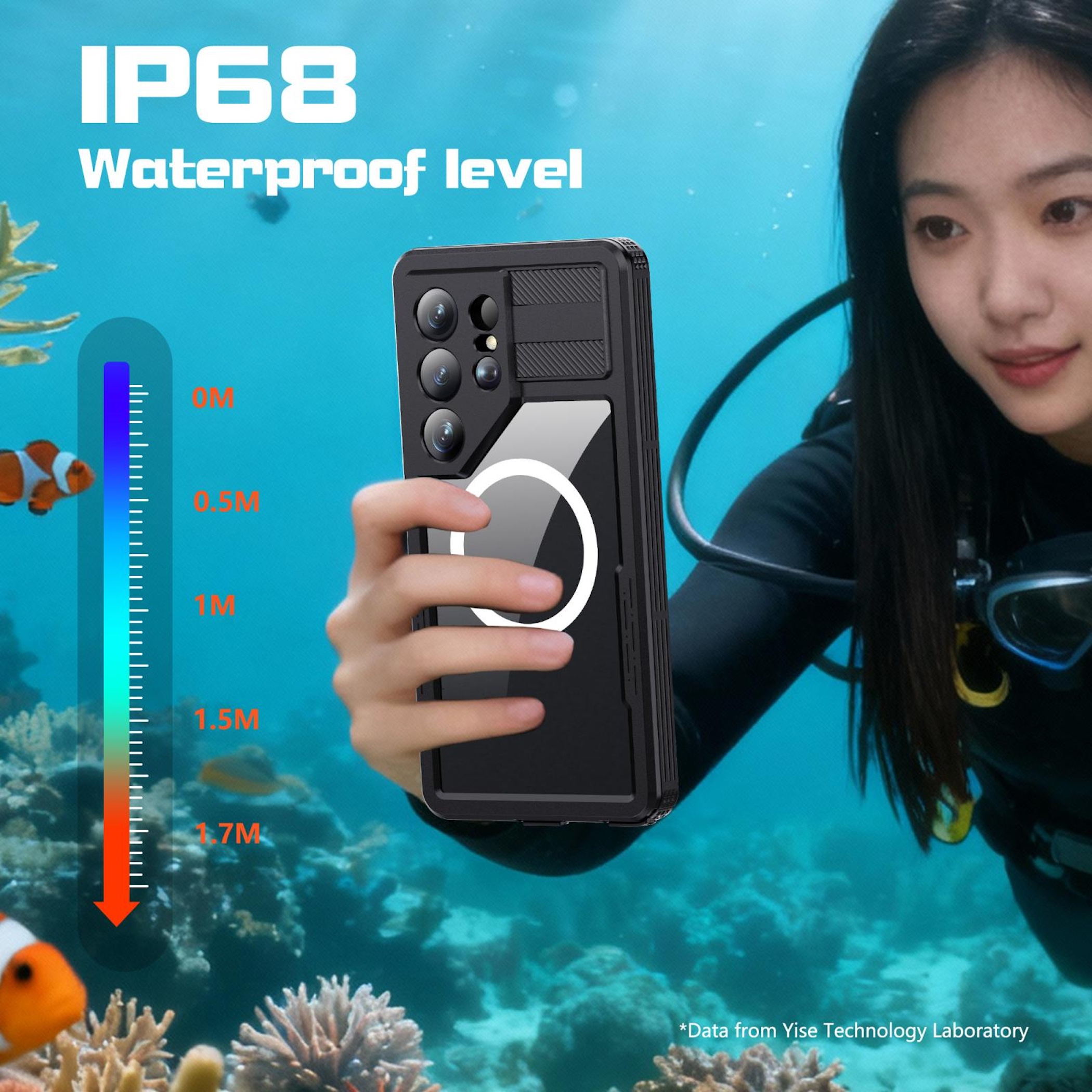 Eine Frau in Tauchausrüstung hält ein wasserdichtes Handy unter Wasser.
