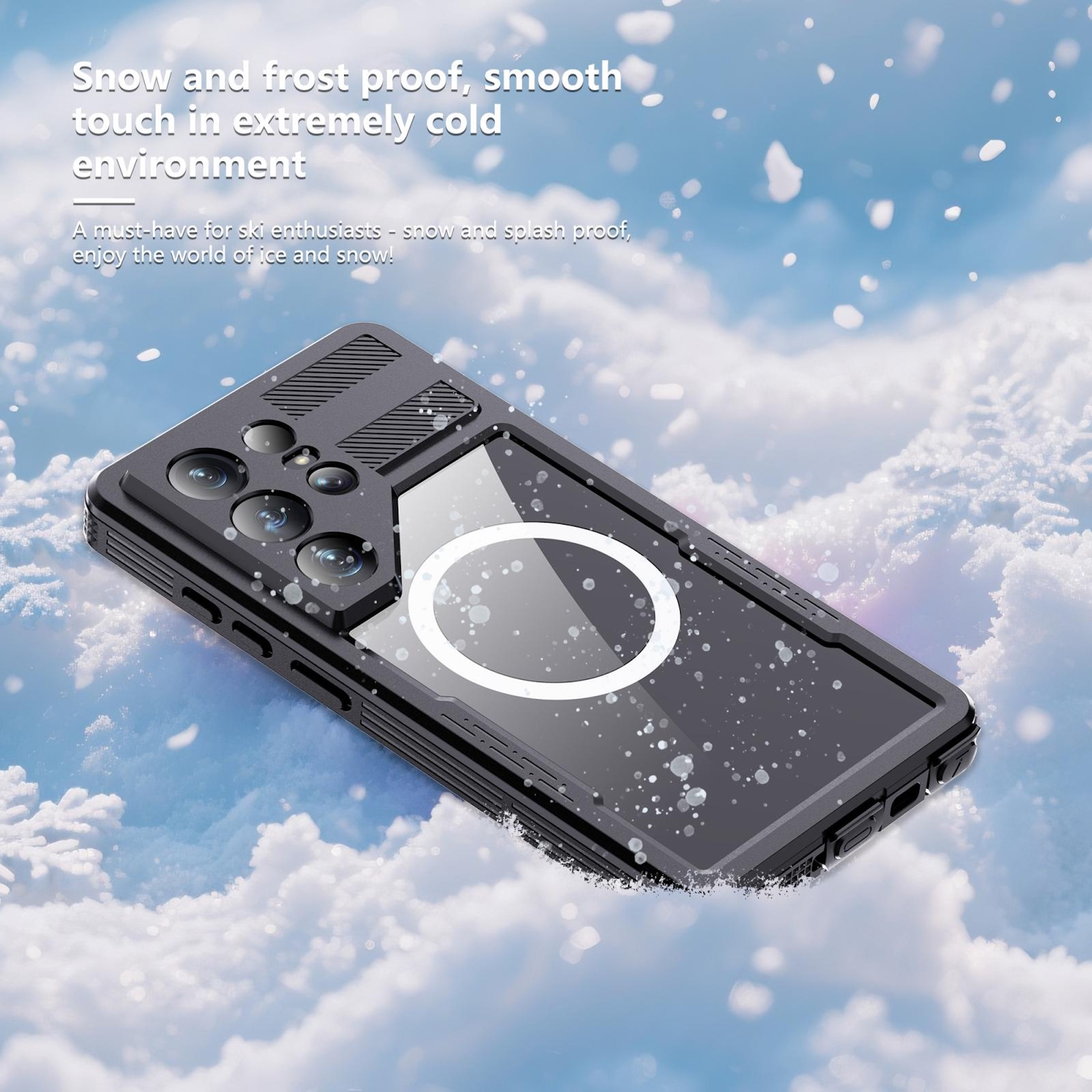 Schwarzes Handy mit Kameras im Schnee. Schneefest und spritzwassergeschützt.