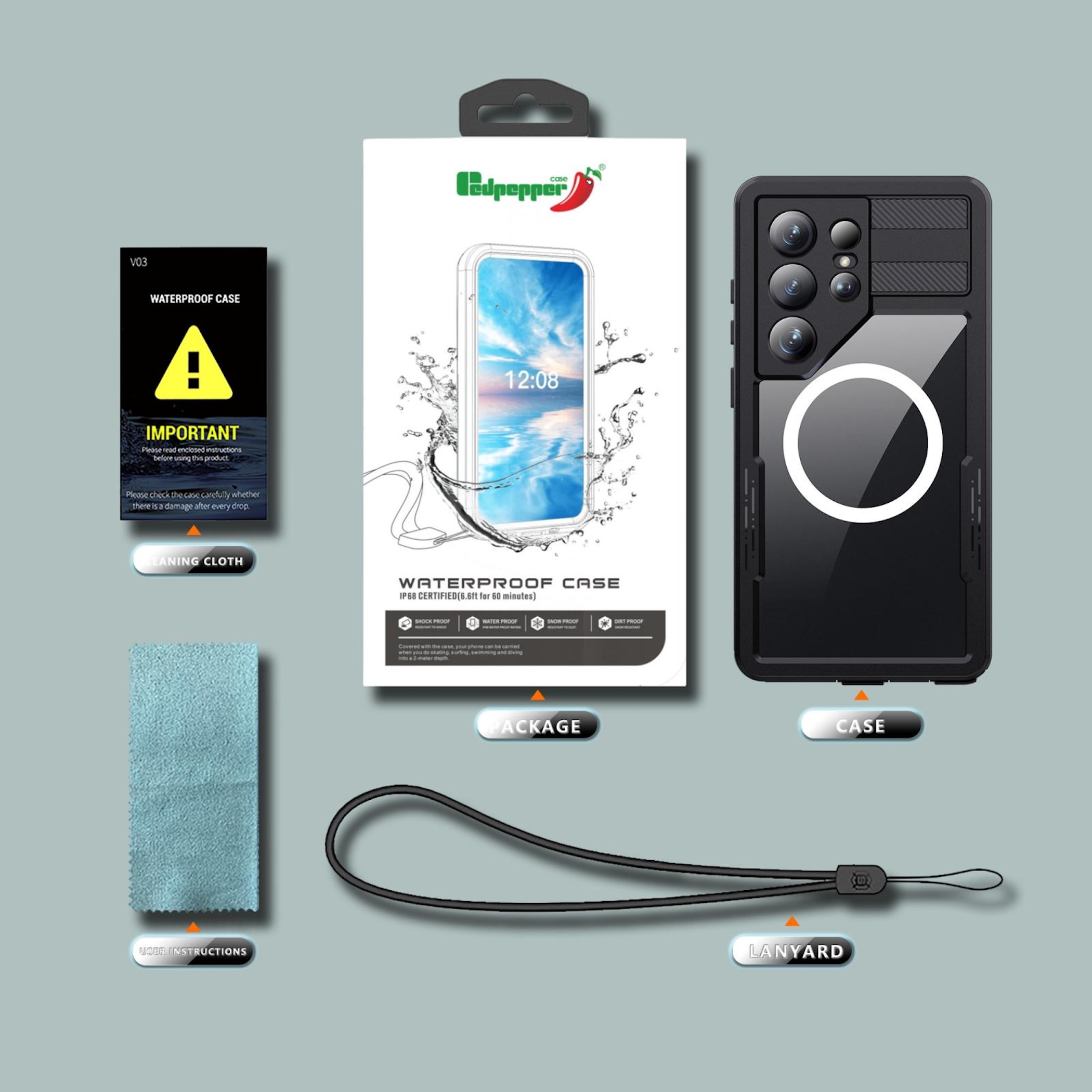 Smartphone-Zubehör: Schwarze Hülle, Verpackung, Tuch und Lanyard.