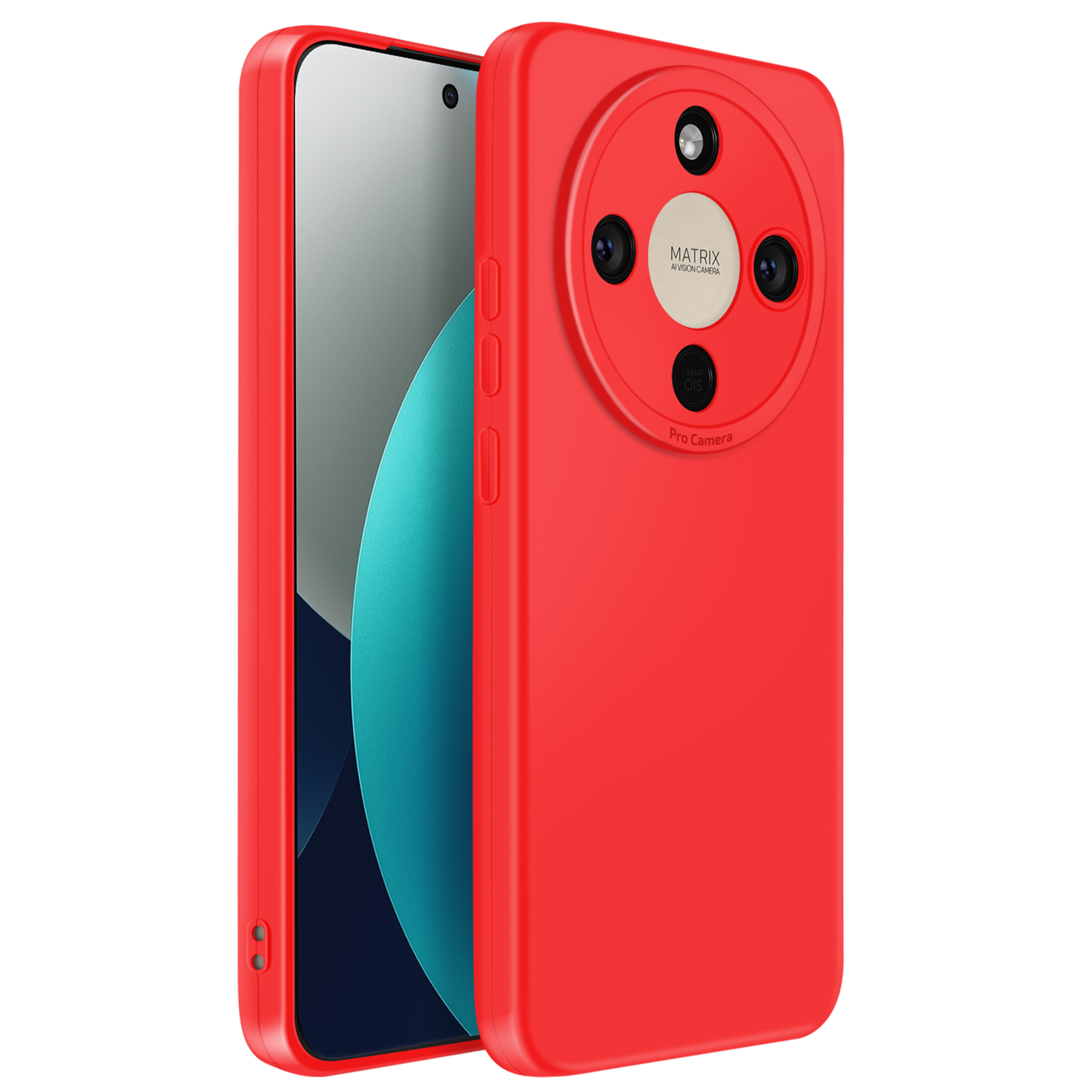 Een rode smartphone in een hoesje met een ronde camera-module-indeling.