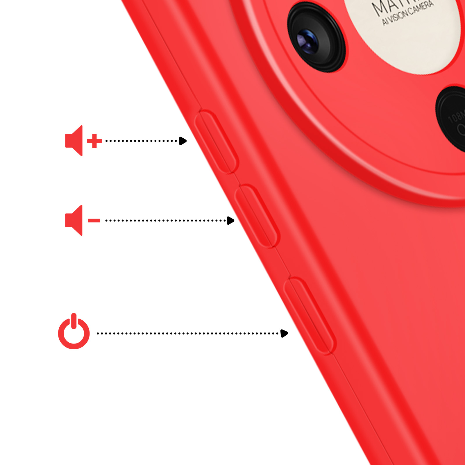 Rode smartphone met volumeknoppen en aan/uit-knop.