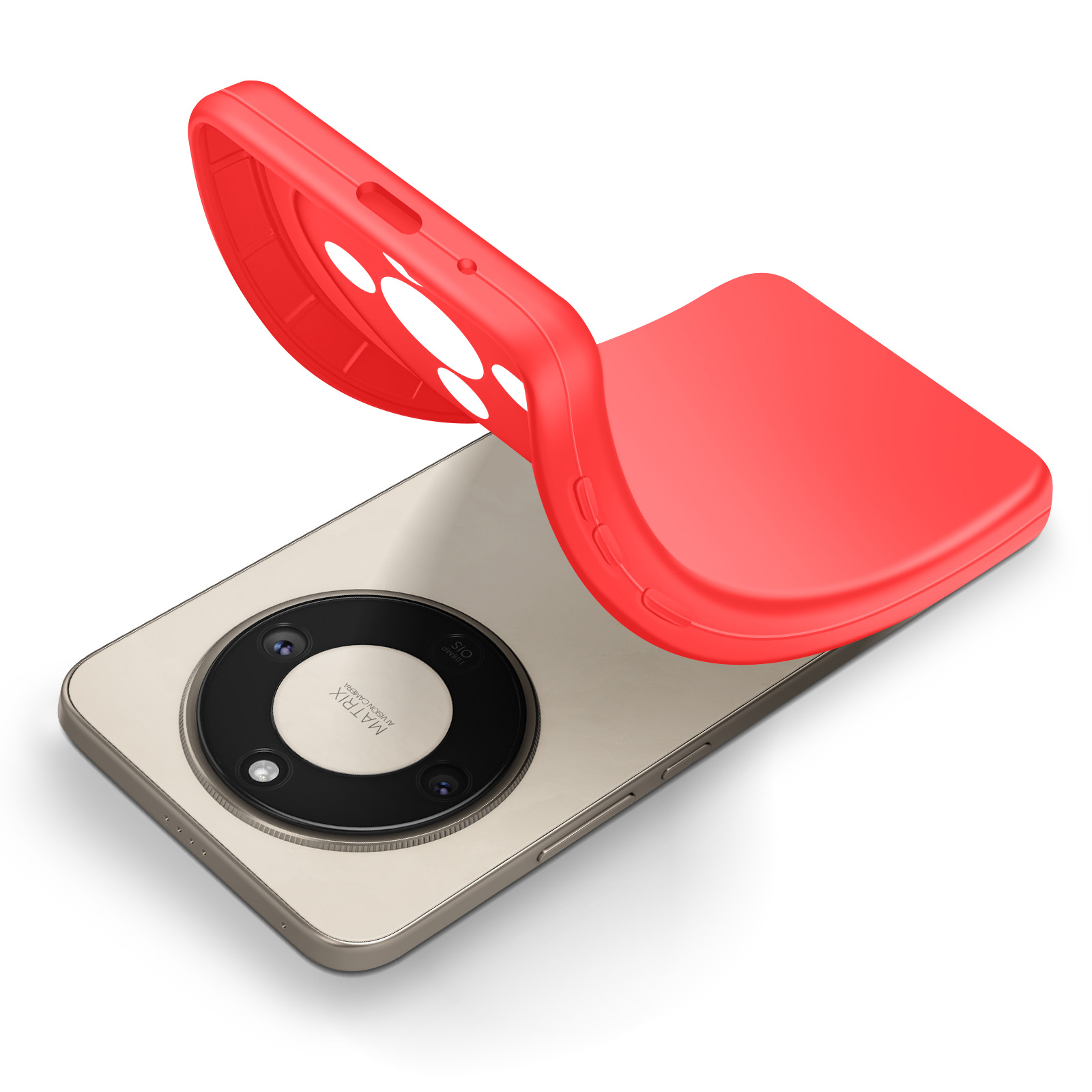 Rode telefoonhoes over een lichtgouden smartphone met cameramodule.
