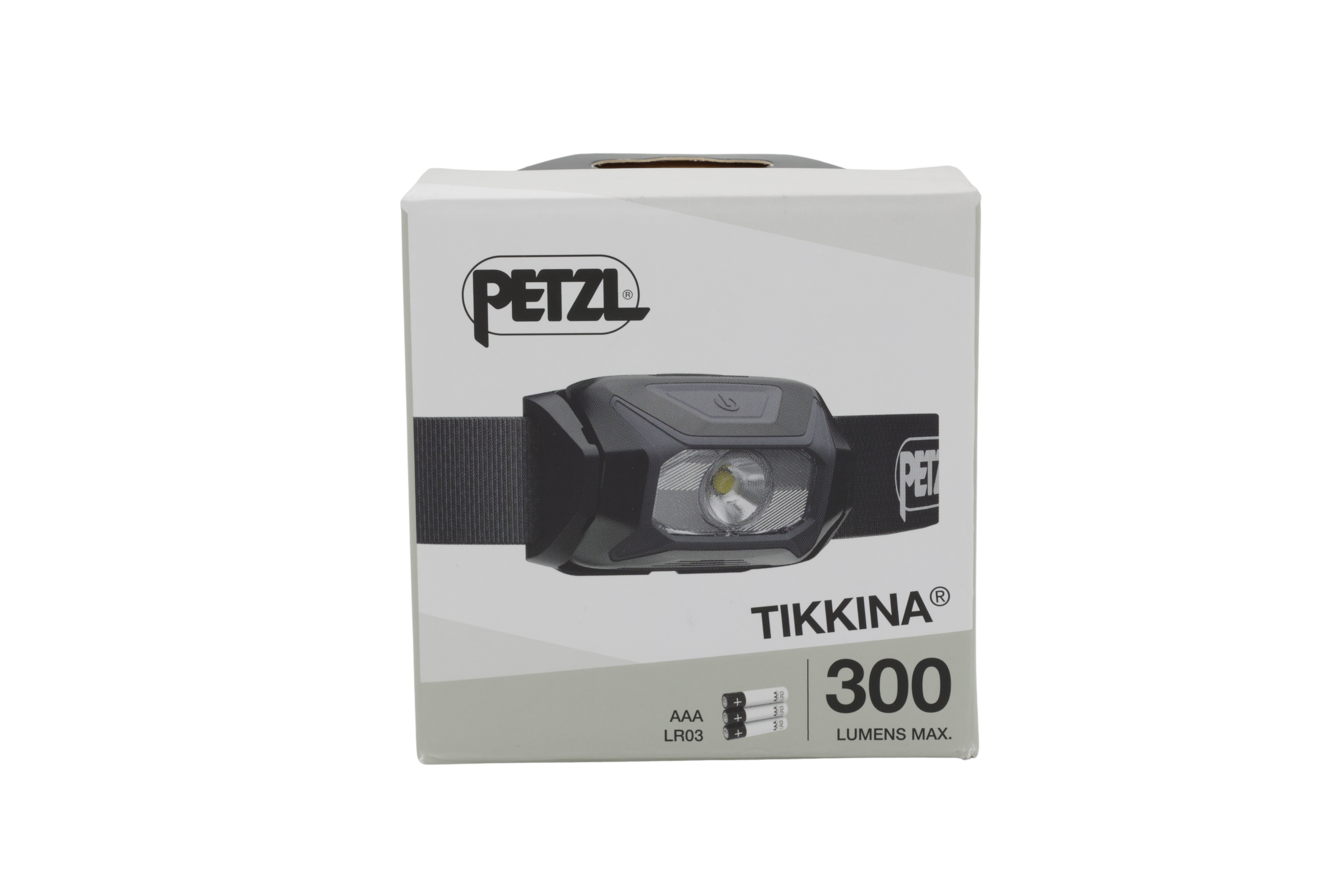 Verpackung einer Petzl Tikkina Stirnlampe, 300 Lumen, mit AAA-Batterien.