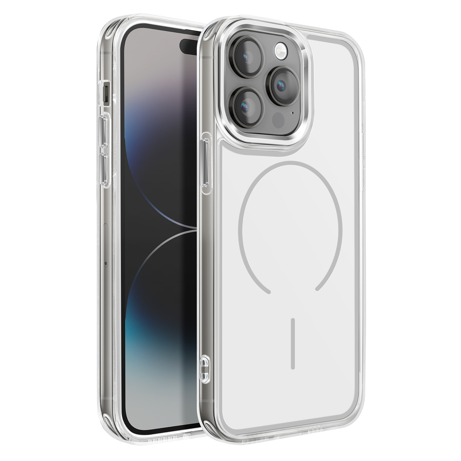 Une coque de téléphone transparente avec trois caméras et un cercle.