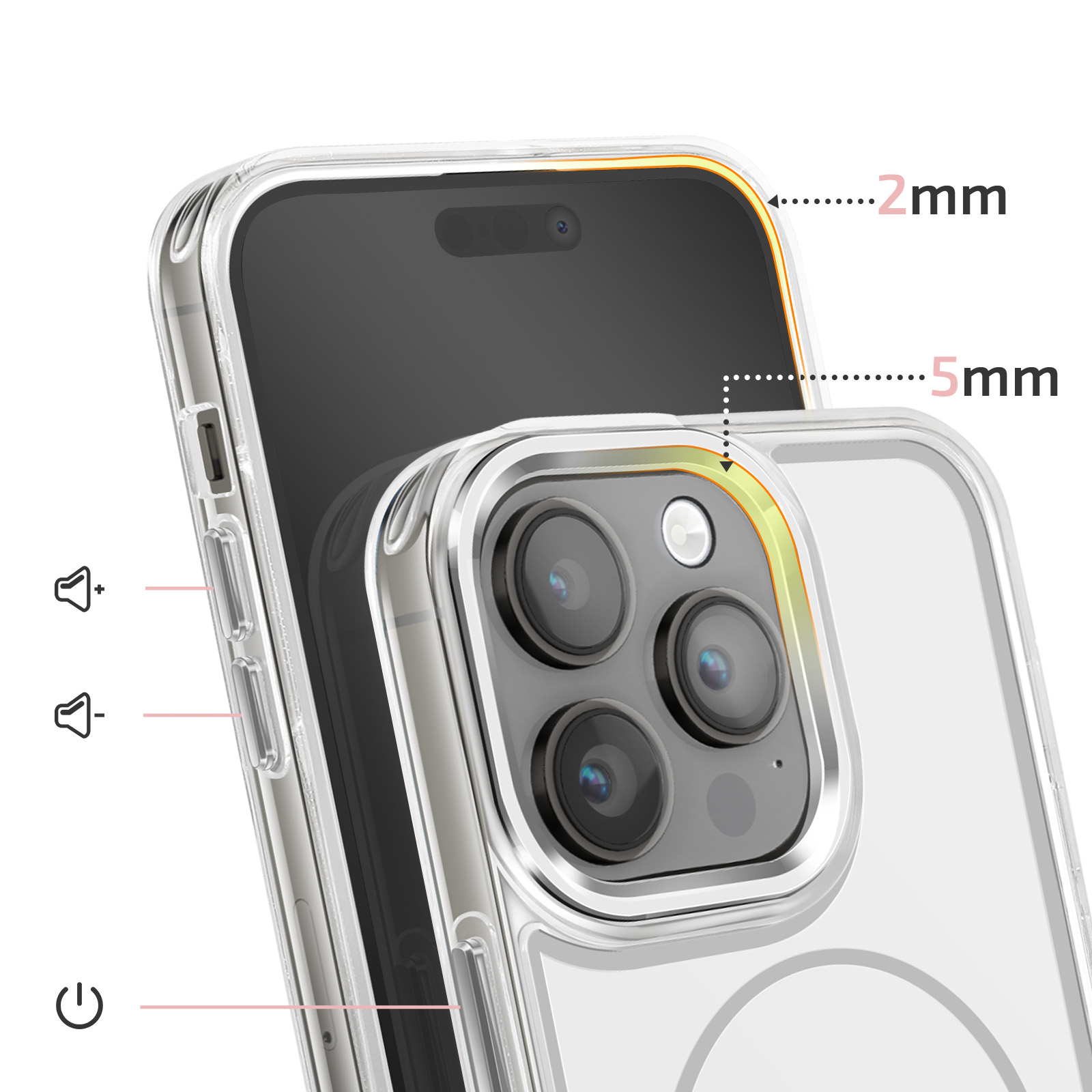 Coque transparente pour téléphone, épaisseur 2mm et 5mm, vue caméra.