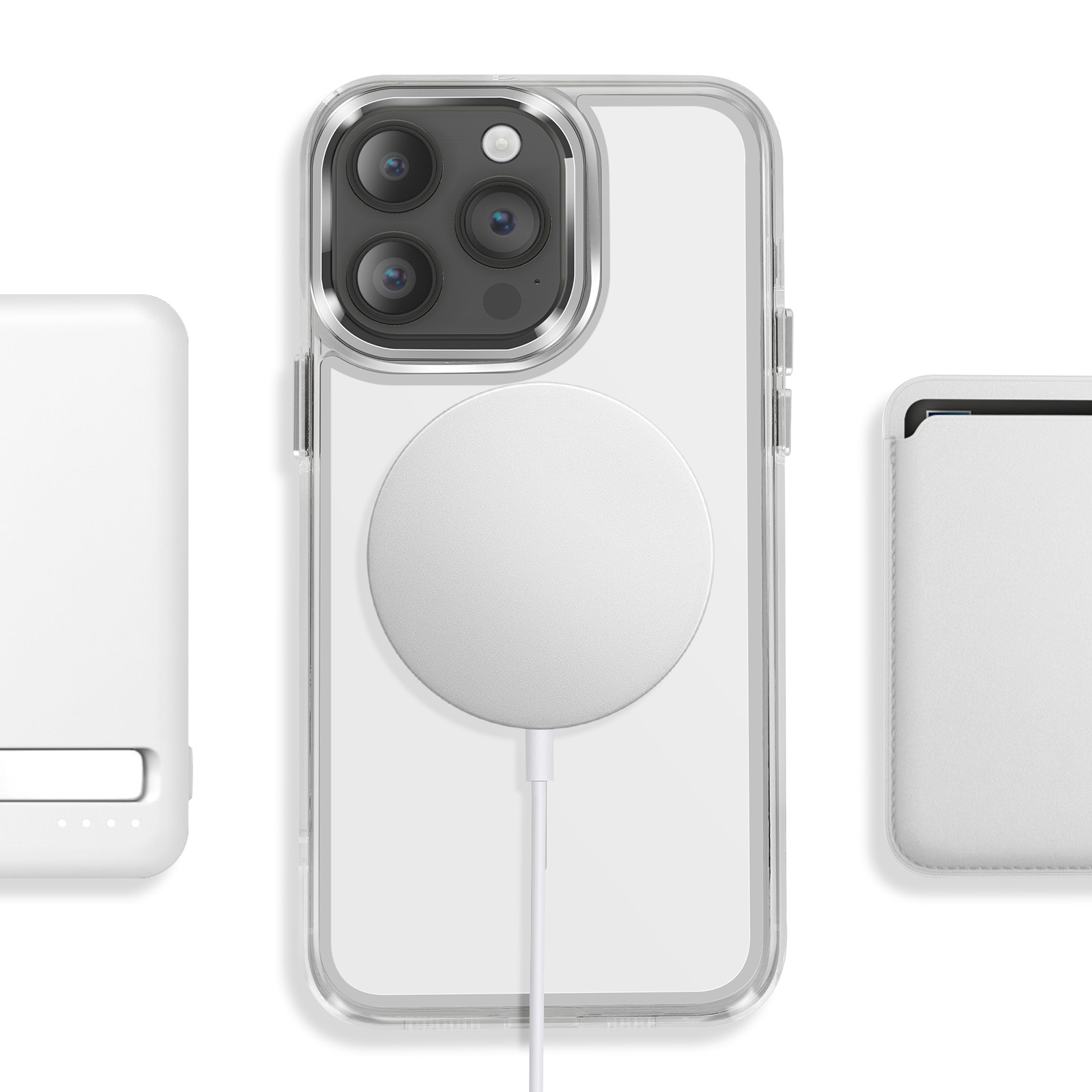 Un smartphone dans une coque transparente avec chargeur MagSafe et batterie externe.