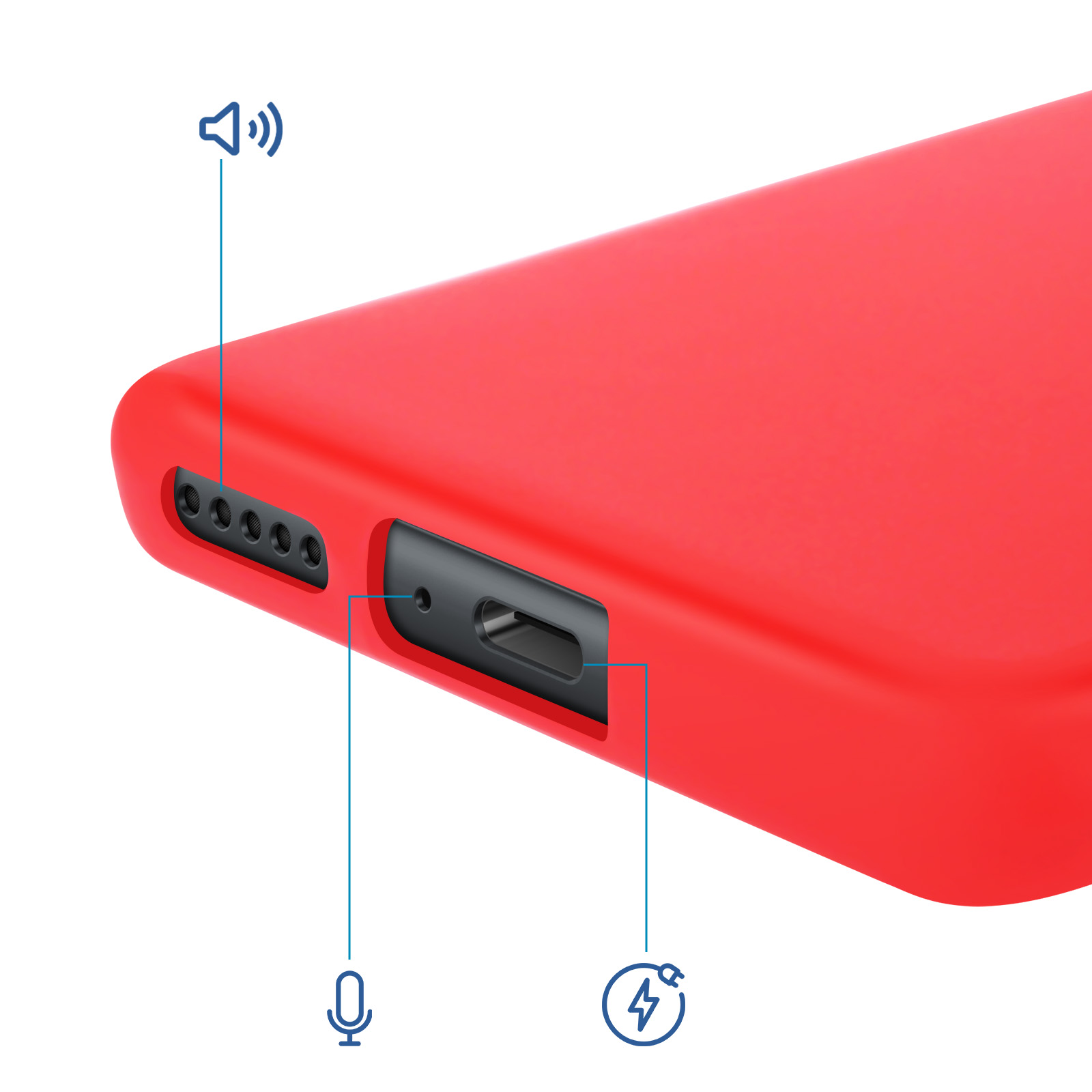 Cover rossa del telefono che mostra porte altoparlante, microfono e ricarica.