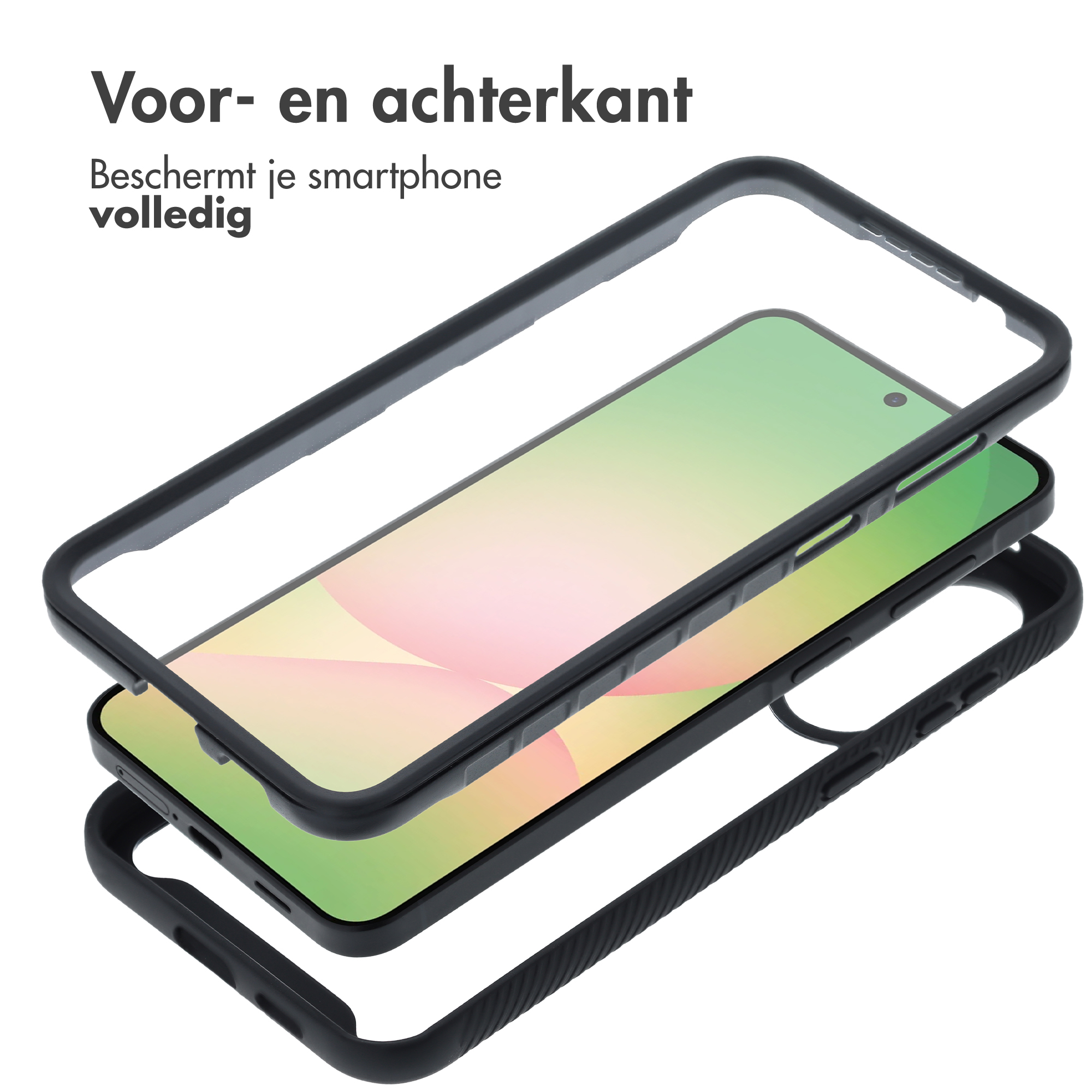 Explodierte Ansicht einer schwarzen Handyhülle mit transparentem Rahmen und Rückseite.