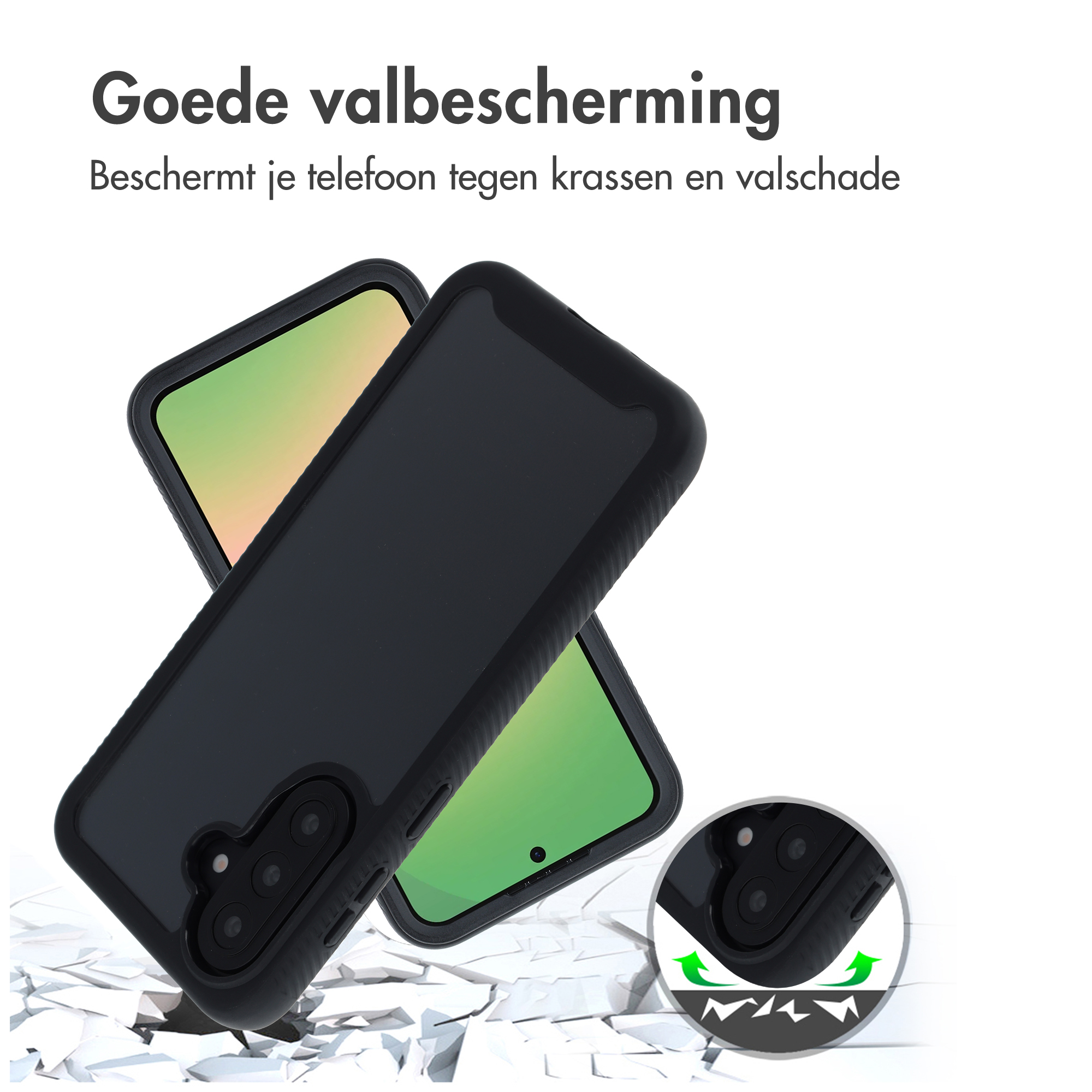 Schwarze Handyhülle mit Kameras und grünem Bildschirm, zersplitterter Boden.