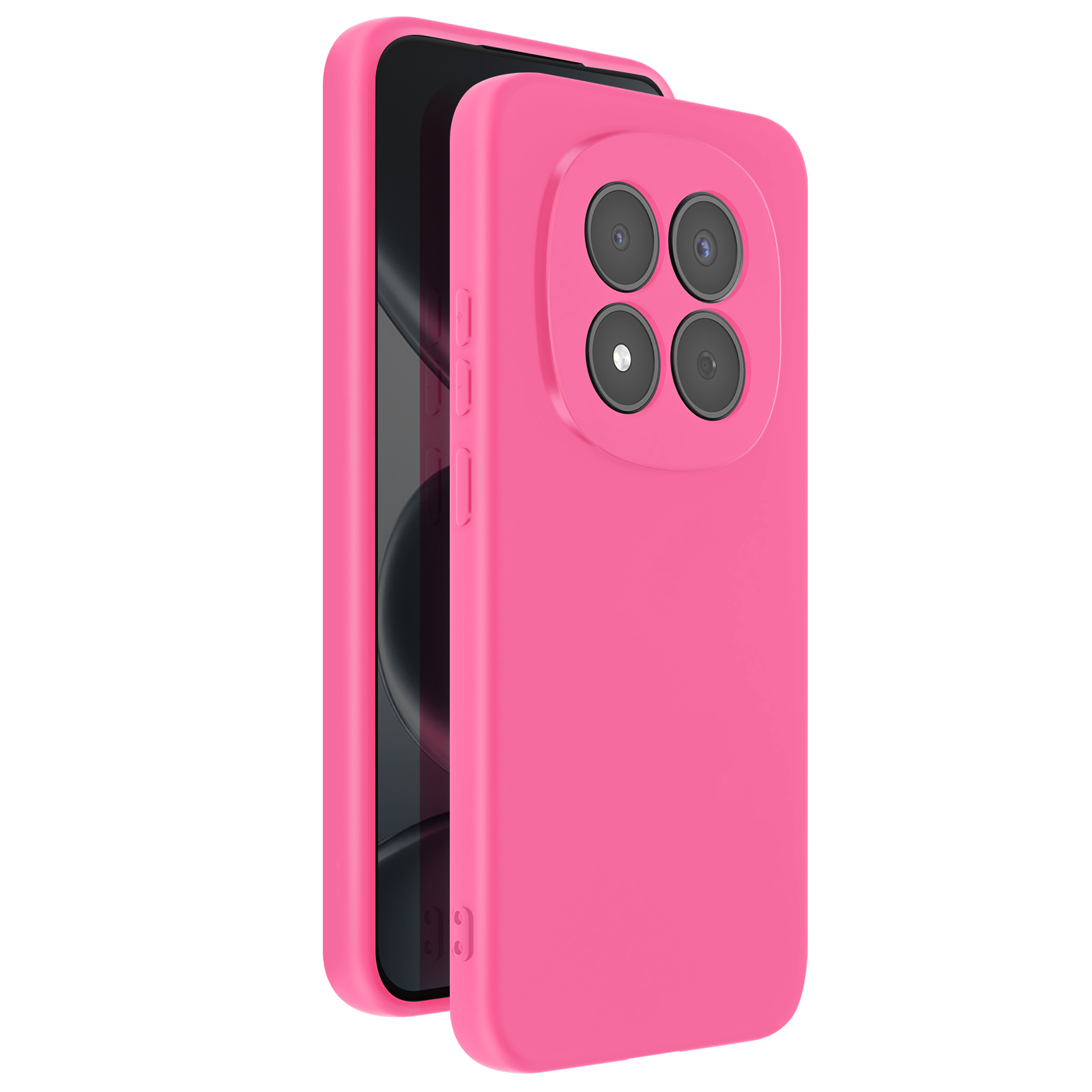 Una custodia rosa per telefono con quattro fotocamere e schermo nero.