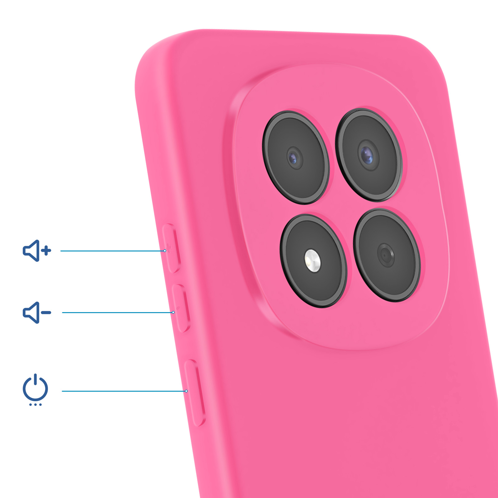Un telefono rosa con quattro fotocamere e pulsanti volume/accensione.