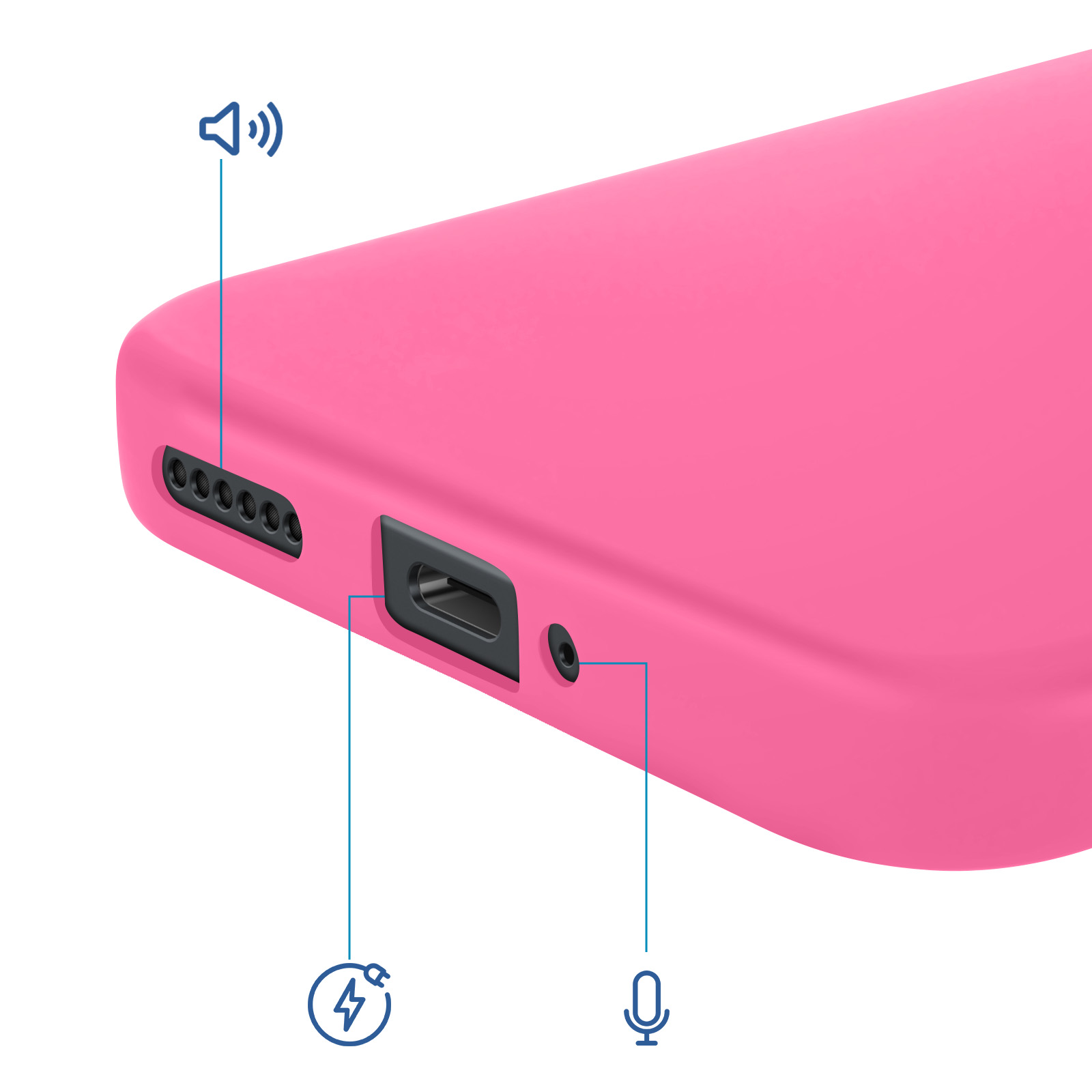 Primo piano di una cover per telefono rosa che mostra porte e icone per altoparlante, ricarica e microfono.
