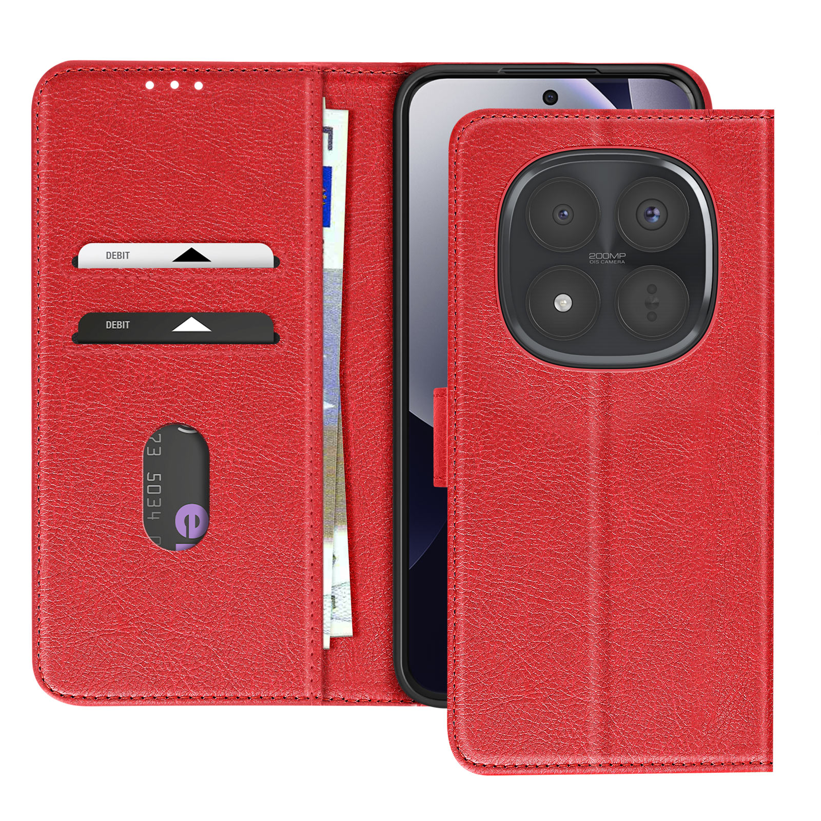Custodia rossa per telefono con slot per carte e fotocamera da 200MP.