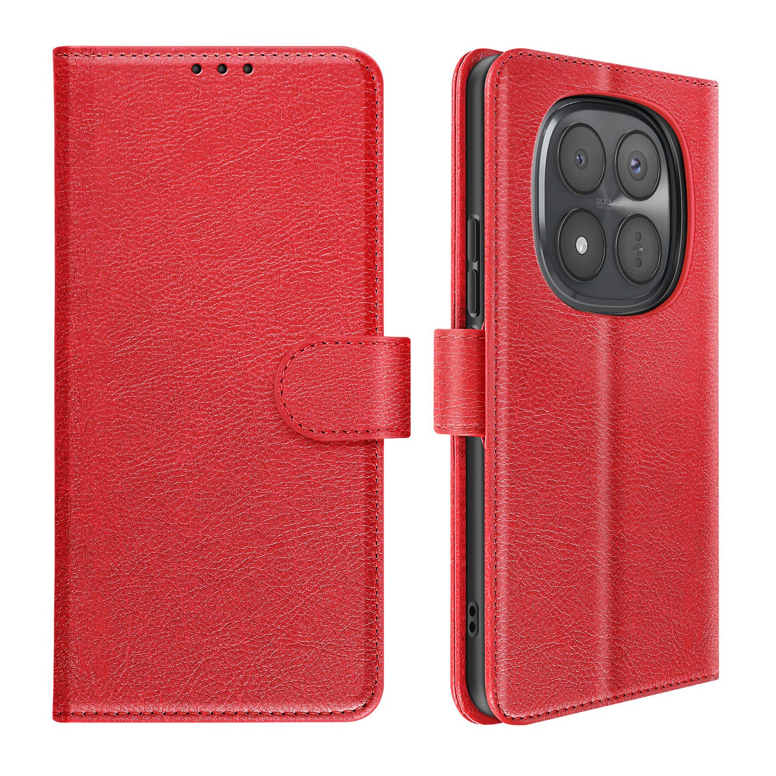 Custodia rossa in pelle a libro per telefono con apertura fotocamera. Chiusa e aperta.