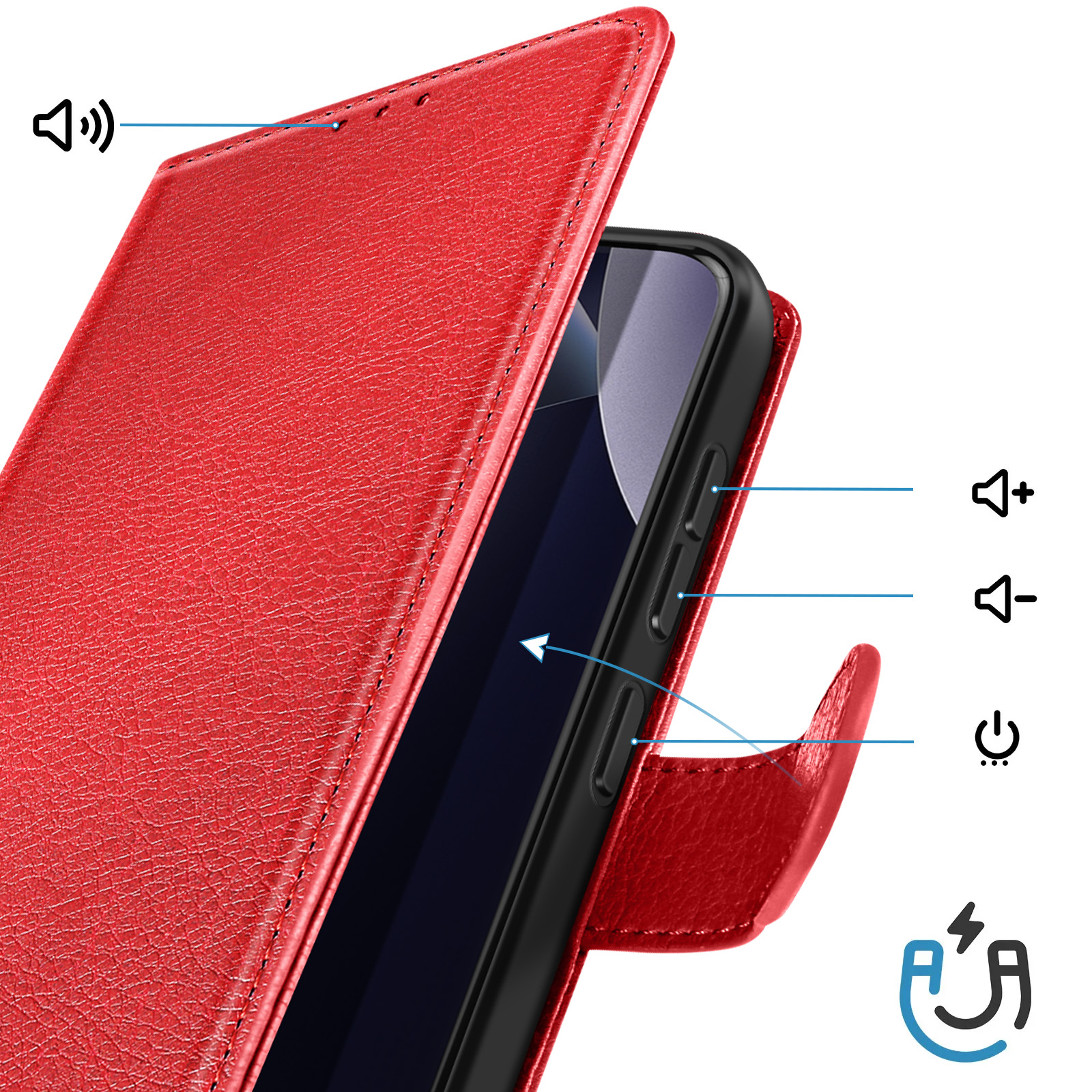 Custodia rossa per telefono con pulsanti volume e accensione, icone altoparlante.