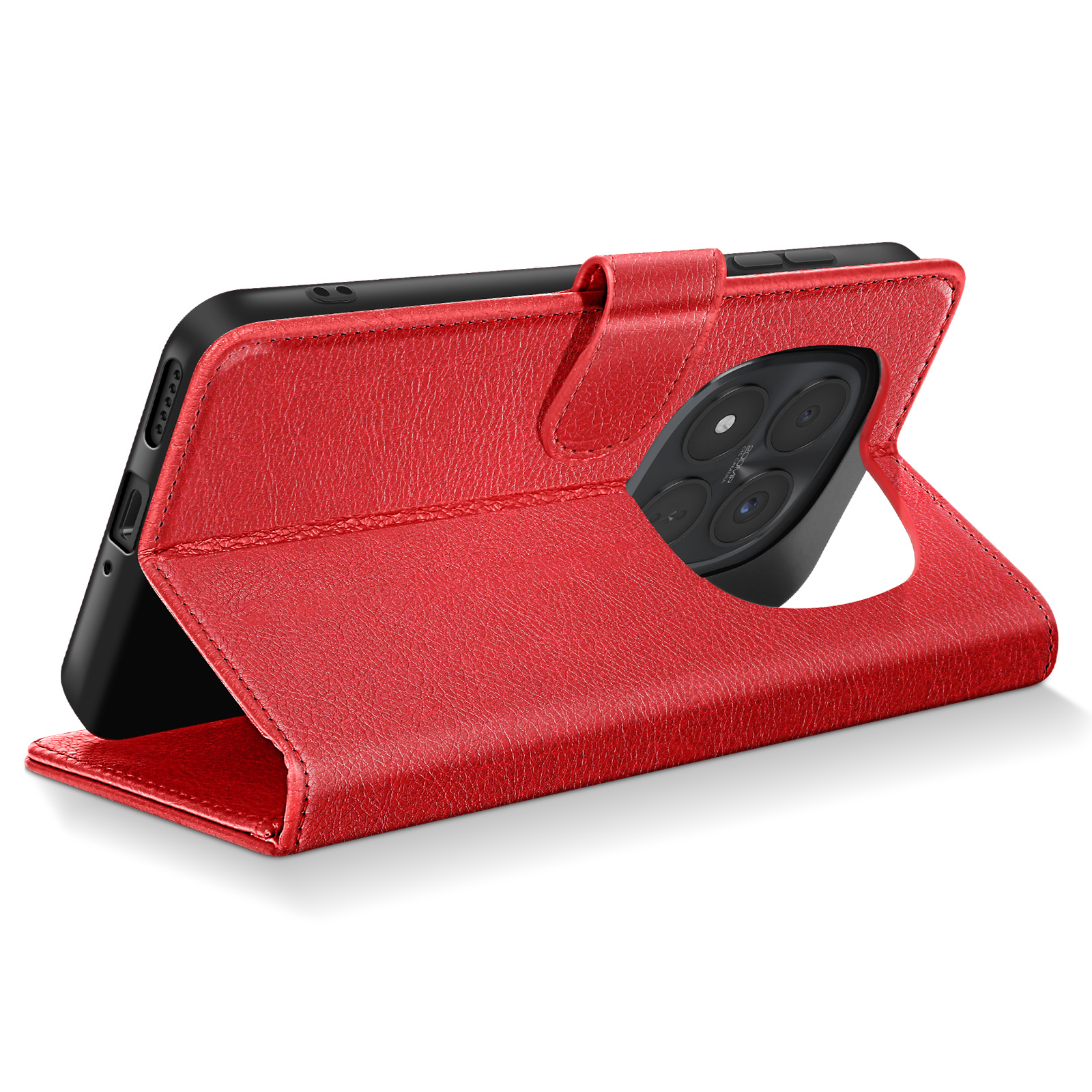 Custodia rossa in pelle per smartphone, con la copertina aperta, che mostra la fotocamera.